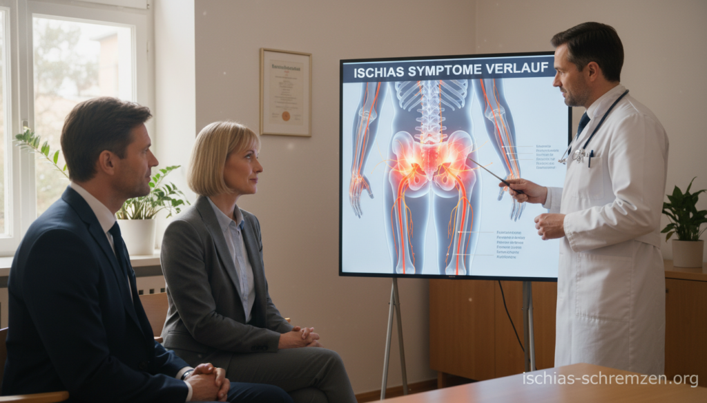 A detailed anatomical illustration showcasing the symptoms of sciatica (Ischias Symptome Verlauf) in a clinical environment. In the foreground, a mid-aged male and female in professional attire, calmly discussing symptoms with a doctor, who is pointing at a visual aid displaying the sciatic nerve. The middle ground features a medical diagram of the human body highlighting the lower back and leg regions affected by nerve pain. The background includes a softly lit consultation room with natural light streaming through a window, creating a warm and approachable atmosphere. The scene should convey a sense of professionalism and empathy, fitting for an educational medical article. Include the brand name "ischias-schmerzen.org" subtly in the corner, ensuring no text overlays disturb the visual integrity. A detailed anatomical illustration showcasing the symptoms of sciatica (Ischias Symptome Verlauf) in a clinical environment. In the foreground, a mid-aged male and female in professional attire, calmly discussing symptoms with a doctor, who is pointing at a visual aid displaying the sciatic nerve. The middle ground features a medical diagram of the human body highlighting the lower back and leg regions affected by nerve pain. The background includes a softly lit consultation room with natural light streaming through a window, creating a warm and approachable atmosphere. The scene should convey a sense of professionalism and empathy, fitting for an educational medical article. Include the brand name "ischias-schmerzen.org" subtly in the corner, ensuring no text overlays disturb the visual integrity.
