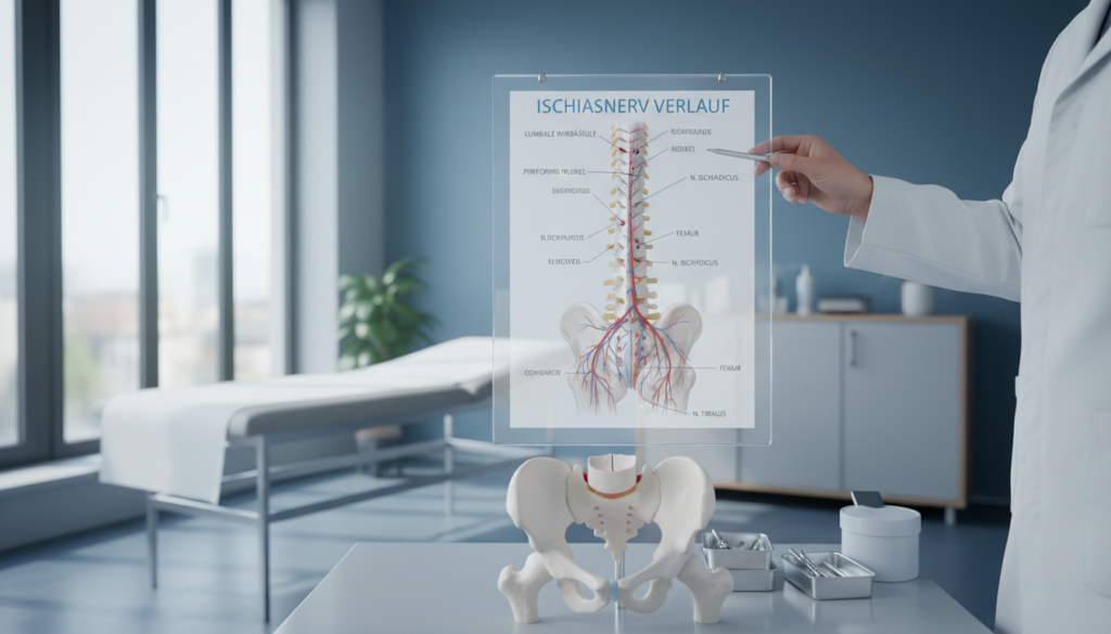 A detailed anatomical representation of the human body showcasing the illustration of the sciatic nerve (Ischiasnerv Verlauf), displayed in a medical context. The foreground features a professional healthcare practitioner in a lab coat, pointing towards a model of the lower spine and pelvis. In the middle, a clear, labeled diagram of the sciatic nerve with anatomical references, including the lumbar region and the pathways it travels through, is highlighted. The background comprises a softly lit, clinical examination room with natural light streaming through a window, evoking a calm atmosphere. The image emphasizes realism and professionalism, suitable for educational purposes, and should reflect the essence of ischias-schmerzen.org without any text overlays or watermarks. A detailed anatomical representation of the human body showcasing the illustration of the sciatic nerve (Ischiasnerv Verlauf), displayed in a medical context. The foreground features a professional healthcare practitioner in a lab coat, pointing towards a model of the lower spine and pelvis. In the middle, a clear, labeled diagram of the sciatic nerve with anatomical references, including the lumbar region and the pathways it travels through, is highlighted. The background comprises a softly lit, clinical examination room with natural light streaming through a window, evoking a calm atmosphere. The image emphasizes realism and professionalism, suitable for educational purposes, and should reflect the essence of ischias-schmerzen.org without any text overlays or watermarks.