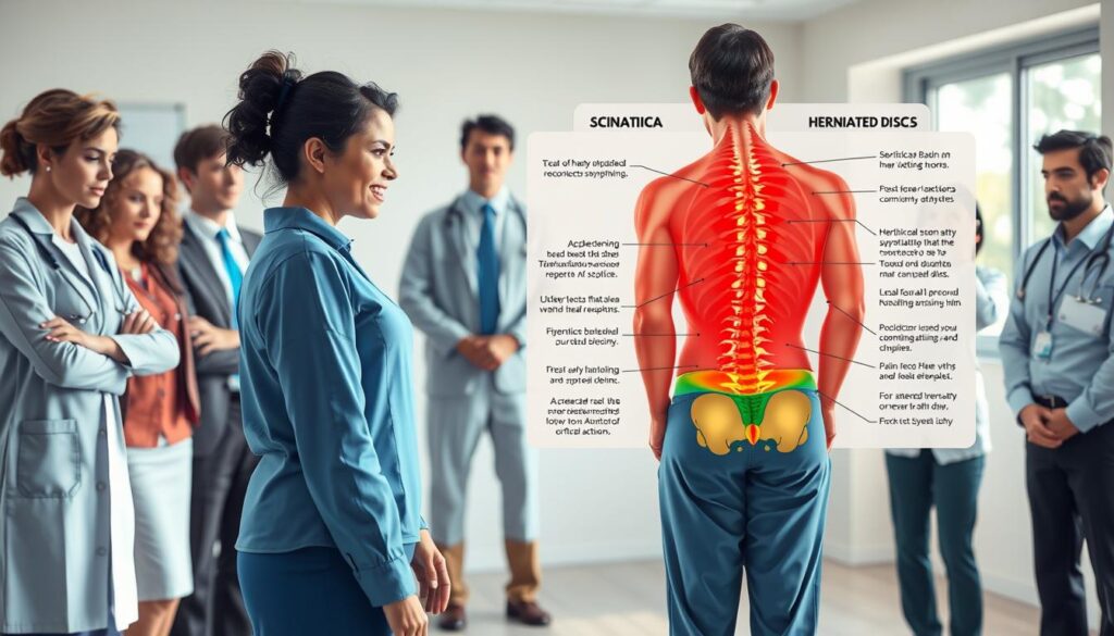 A detailed and informative illustration comparing symptoms of sciatica and herniated discs. In the foreground, a diverse group of individuals in professional attire, one person standing with a pained expression while others observe with concern, illustrating the varied reactions to pain. In the middle ground, a labeled chart or diagram highlights areas affected by both conditions, using colors to differentiate symptoms. In the background, a serene healthcare setting, perhaps with a window showcasing natural light filtering in, creating a calm atmosphere. The lighting is soft and realistic, enhancing the everyday appearance of the scene. The overall mood is informative and compassionate, making the viewer feel engaged with the topic. A detailed and informative illustration comparing symptoms of sciatica and herniated discs. In the foreground, a diverse group of individuals in professional attire, one person standing with a pained expression while others observe with concern, illustrating the varied reactions to pain. In the middle ground, a labeled chart or diagram highlights areas affected by both conditions, using colors to differentiate symptoms. In the background, a serene healthcare setting, perhaps with a window showcasing natural light filtering in, creating a calm atmosphere. The lighting is soft and realistic, enhancing the everyday appearance of the scene. The overall mood is informative and compassionate, making the viewer feel engaged with the topic.