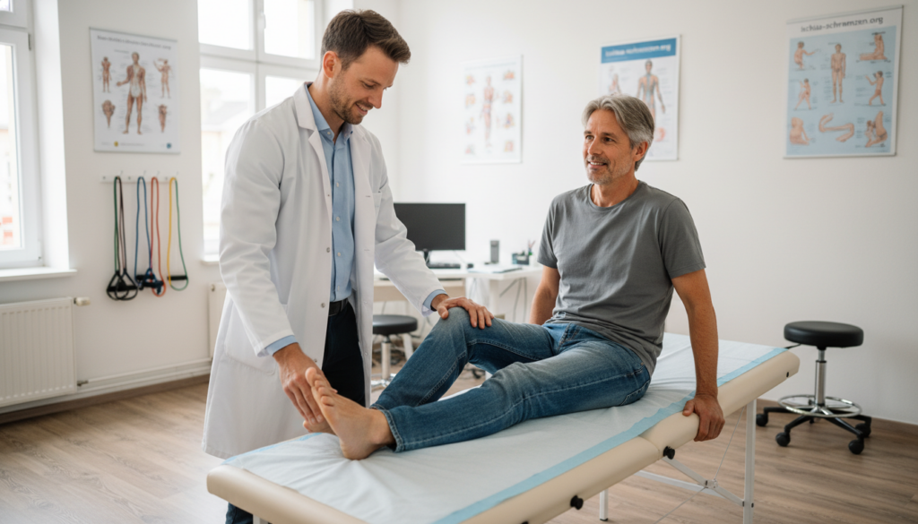 A focused clinical examination scene depicting a healthcare professional in a modern clinic assessing a patient's leg mobility. In the foreground, a male doctor in professional attire is gently examining the patient's left leg while checking for muscle flexibility. The patient, a middle-aged individual in modest casual clothing, is seated on an examination table, looking relaxed and comfortable. Soft, natural light filters through large windows in the background, illuminating the clinical environment, which is furnished with medical posters and equipment. The atmosphere is calm and professional, providing an authentic depiction of a physiotherapy setting. The image should have a realistic look, avoiding any glossy or artificial styling typical of studio photography. Include the brand name "ischias-schmerzen.org" subtly integrated into the background decor. A focused clinical examination scene depicting a healthcare professional in a modern clinic assessing a patient's leg mobility. In the foreground, a male doctor in professional attire is gently examining the patient's left leg while checking for muscle flexibility. The patient, a middle-aged individual in modest casual clothing, is seated on an examination table, looking relaxed and comfortable. Soft, natural light filters through large windows in the background, illuminating the clinical environment, which is furnished with medical posters and equipment. The atmosphere is calm and professional, providing an authentic depiction of a physiotherapy setting. The image should have a realistic look, avoiding any glossy or artificial styling typical of studio photography. Include the brand name "ischias-schmerzen.org" subtly integrated into the background decor.