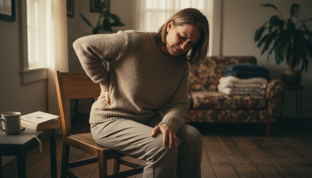 A focused depiction of a middle-aged person experiencing sciatica pain, sitting on a rustic wooden chair in a warmly lit living room. The individual's expression reflects discomfort, with one hand on their lower back. Surrounding them are subtle elements of everyday life, like a book on a side table and natural light streaming through a window, creating a serene atmosphere. In the background, soft, blurred outlines of household items are visible, reinforcing the homely feel. The scene captures the essence of everyday struggles with sciatica, emphasizing sensitivity and loss of sensation in a relatable context, illustrated in a realistic style without any artificial gloss. A focused depiction of a middle-aged person experiencing sciatica pain, sitting on a rustic wooden chair in a warmly lit living room. The individual's expression reflects discomfort, with one hand on their lower back. Surrounding them are subtle elements of everyday life, like a book on a side table and natural light streaming through a window, creating a serene atmosphere. In the background, soft, blurred outlines of household items are visible, reinforcing the homely feel. The scene captures the essence of everyday struggles with sciatica, emphasizing sensitivity and loss of sensation in a relatable context, illustrated in a realistic style without any artificial gloss.