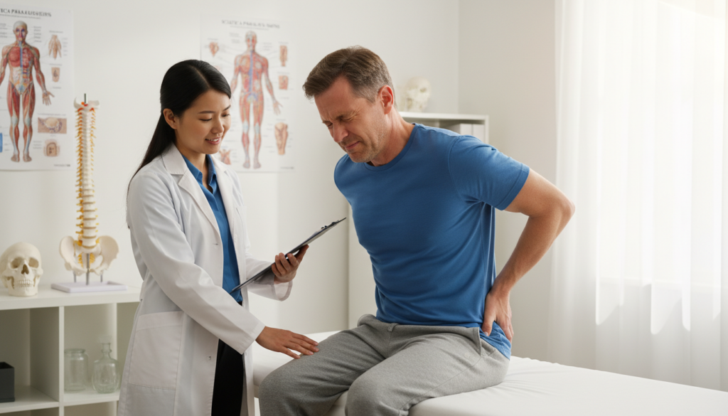 A focused medical consultation scene illustrating the symptoms of sciatica nerve paralysis. In the foreground, a middle-aged man in casual clothing is sitting on an examination table, appearing concerned as he holds his lower back. His expression is one of discomfort, reflecting the seriousness of the symptoms. A healthcare professional, dressed in a lab coat and business attire, stands nearby, attentively examining the patient, fostering a sense of care and professionalism. In the background, a bright, well-lit clinic room with posters about nerve health and anatomical models is visible. Natural daylight filters through a window, creating a calm and reassuring atmosphere. The image should capture the essence of a real-life healthcare setting, highlighting the importance of recognizing paralysis symptoms associated with sciatica. A focused medical consultation scene illustrating the symptoms of sciatica nerve paralysis. In the foreground, a middle-aged man in casual clothing is sitting on an examination table, appearing concerned as he holds his lower back. His expression is one of discomfort, reflecting the seriousness of the symptoms. A healthcare professional, dressed in a lab coat and business attire, stands nearby, attentively examining the patient, fostering a sense of care and professionalism. In the background, a bright, well-lit clinic room with posters about nerve health and anatomical models is visible. Natural daylight filters through a window, creating a calm and reassuring atmosphere. The image should capture the essence of a real-life healthcare setting, highlighting the importance of recognizing paralysis symptoms associated with sciatica.