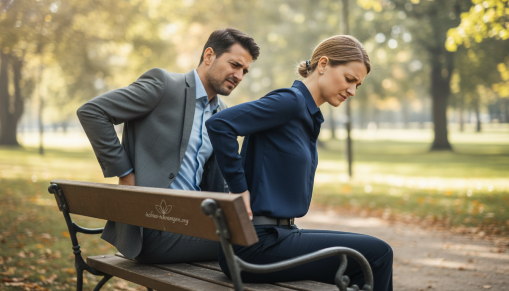 A focused scene illustrating the pain symptoms associated with ischias, particularly related to the L5/S1 region. In the foreground, a professional male and female figure in business attire sit on a park bench, their expressions strained as they hold their lower backs, visually conveying discomfort. In the middle ground, a soft, organic backdrop features a tranquil park setting with gentle sunlight filtering through the leaves, creating a calm atmosphere despite the subject's pain. The colors are natural and soothing, highlighting the importance of understanding ischias symptoms. Use natural lighting to reflect the everyday scenario without an artificial studio look. The image should feel realistic and relatable, incorporating a subtle nod to the site ischias-schmerzen.org, ensuring no text overlays or watermarks appear. A focused scene illustrating the pain symptoms associated with ischias, particularly related to the L5/S1 region. In the foreground, a professional male and female figure in business attire sit on a park bench, their expressions strained as they hold their lower backs, visually conveying discomfort. In the middle ground, a soft, organic backdrop features a tranquil park setting with gentle sunlight filtering through the leaves, creating a calm atmosphere despite the subject's pain. The colors are natural and soothing, highlighting the importance of understanding ischias symptoms. Use natural lighting to reflect the everyday scenario without an artificial studio look. The image should feel realistic and relatable, incorporating a subtle nod to the site ischias-schmerzen.org, ensuring no text overlays or watermarks appear.