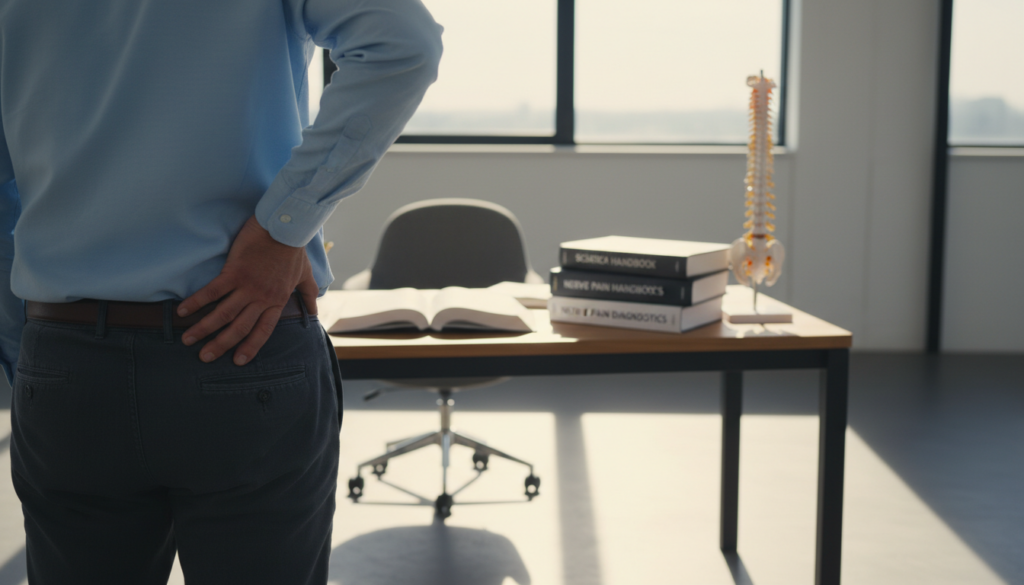 A human figure, a middle-aged individual, stands in a professional office setting, looking concerned and touching their lower back, symbolizing nerve irritation. The foreground features a subtle focus on their hand resting on the back, illustrating discomfort. In the middle ground, there's a slightly blurred but clearly visible desk with medical reference books on sciatica, emphasizing the theme of nerve issues. The background consists of soft, natural light filtering through a window, casting gentle shadows. The atmosphere is calm but tense, evoking a sense of seriousness about health and well-being. The person is dressed in a smart casual manner, such as a collared shirt and slacks, reflecting a professional yet approachable look, embodying the everyday context of dealing with sciatica. A human figure, a middle-aged individual, stands in a professional office setting, looking concerned and touching their lower back, symbolizing nerve irritation. The foreground features a subtle focus on their hand resting on the back, illustrating discomfort. In the middle ground, there's a slightly blurred but clearly visible desk with medical reference books on sciatica, emphasizing the theme of nerve issues. The background consists of soft, natural light filtering through a window, casting gentle shadows. The atmosphere is calm but tense, evoking a sense of seriousness about health and well-being. The person is dressed in a smart casual manner, such as a collared shirt and slacks, reflecting a professional yet approachable look, embodying the everyday context of dealing with sciatica.