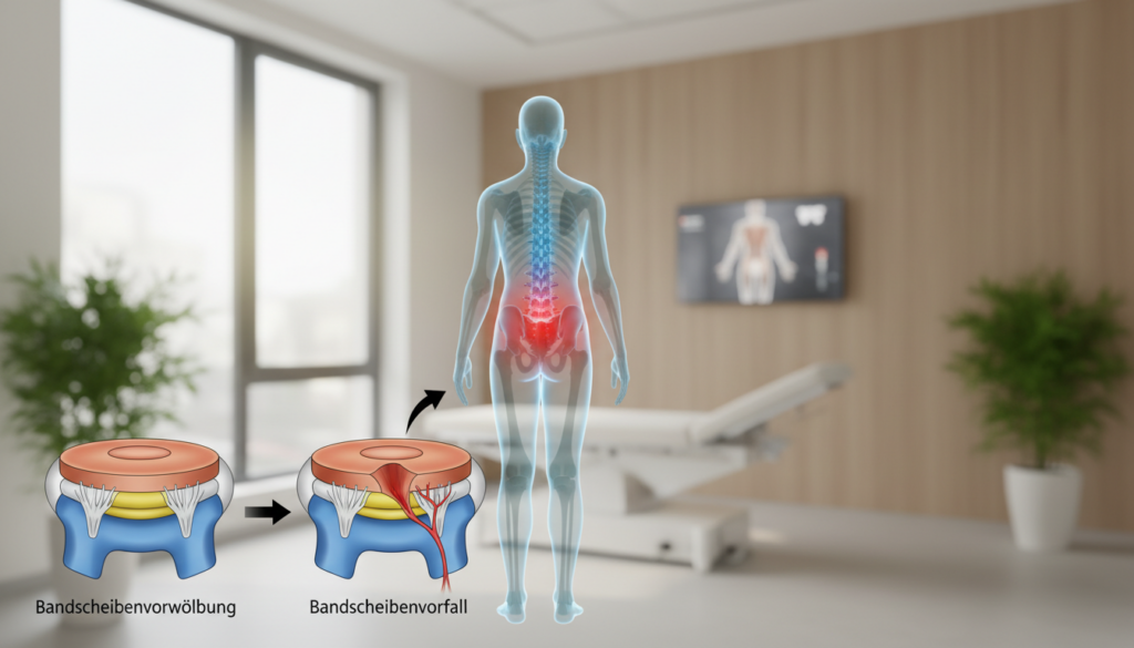 A medical illustration comparing a bulging intervertebral disc (Bandscheibenvorwölbung) and a herniated disc (Bandscheibenvorfall). In the foreground, depict a labeled diagram of a spine segment, showing the differences between the two conditions, with side-by-side comparisons of the affected discs. The middle ground should feature an anatomical view of a human silhouette, highlighting the lumbar region with color-coded indicators for clarity. The background contains a soft-focus representation of a modern clinic environment with natural daylight filtering through a window. The overall mood is educational and clear, using realistic details to convey the complexity of spinal health in an approachable manner. The scene should reflect a professional setting, with no distractions or text overlays. A medical illustration comparing a bulging intervertebral disc (Bandscheibenvorwölbung) and a herniated disc (Bandscheibenvorfall). In the foreground, depict a labeled diagram of a spine segment, showing the differences between the two conditions, with side-by-side comparisons of the affected discs. The middle ground should feature an anatomical view of a human silhouette, highlighting the lumbar region with color-coded indicators for clarity. The background contains a soft-focus representation of a modern clinic environment with natural daylight filtering through a window. The overall mood is educational and clear, using realistic details to convey the complexity of spinal health in an approachable manner. The scene should reflect a professional setting, with no distractions or text overlays.