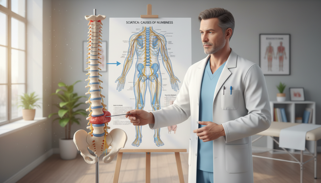 A medical-themed illustration depicting the causes of sciatica-induced numbness related to herniated discs. In the foreground, a well-groomed, middle-aged healthcare professional in a lab coat examines a spine model, showcasing the lumbar region where the herniation occurs. The model should be detailed and realistic, highlighting the affected discs. In the middle ground, a large anatomical chart illustrating nerve pathways and areas of numbness in the legs is visible. The background features a well-lit modern clinic with soft, natural lighting filtering through a window, creating an inviting atmosphere. The focus should be on the informative nature of the scene, aiming to educate the viewer in a relatable, everyday setting. A medical-themed illustration depicting the causes of sciatica-induced numbness related to herniated discs. In the foreground, a well-groomed, middle-aged healthcare professional in a lab coat examines a spine model, showcasing the lumbar region where the herniation occurs. The model should be detailed and realistic, highlighting the affected discs. In the middle ground, a large anatomical chart illustrating nerve pathways and areas of numbness in the legs is visible. The background features a well-lit modern clinic with soft, natural lighting filtering through a window, creating an inviting atmosphere. The focus should be on the informative nature of the scene, aiming to educate the viewer in a relatable, everyday setting.