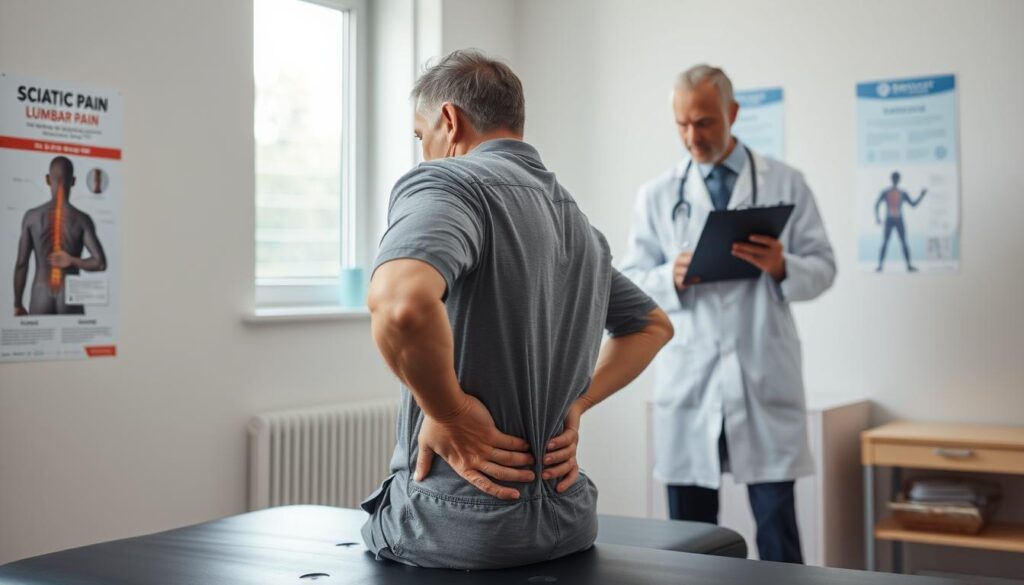 A middle-aged person sitting on a medical examination table in a clinical setting, dressed in modest casual clothing, showing a pained expression while holding their lower back. Their posture indicates discomfort, with one hand resting on the table for support. In the background, a healthcare professional, dressed in a white lab coat, observes the patient with concern, taking notes on a clipboard. The room is well-lit with natural light coming through a window, creating a realistic and relatable atmosphere. Medical posters about sciatica and lumbar pain hang on the walls. The focus is on the patient's expression and body language, emphasizing the symptoms and characteristics of sciatic pain. The composition captures a moment of genuine struggle, highlighting the challenges faced by individuals dealing with this condition. A middle-aged person sitting on a medical examination table in a clinical setting, dressed in modest casual clothing, showing a pained expression while holding their lower back. Their posture indicates discomfort, with one hand resting on the table for support. In the background, a healthcare professional, dressed in a white lab coat, observes the patient with concern, taking notes on a clipboard. The room is well-lit with natural light coming through a window, creating a realistic and relatable atmosphere. Medical posters about sciatica and lumbar pain hang on the walls. The focus is on the patient's expression and body language, emphasizing the symptoms and characteristics of sciatic pain. The composition captures a moment of genuine struggle, highlighting the challenges faced by individuals dealing with this condition.