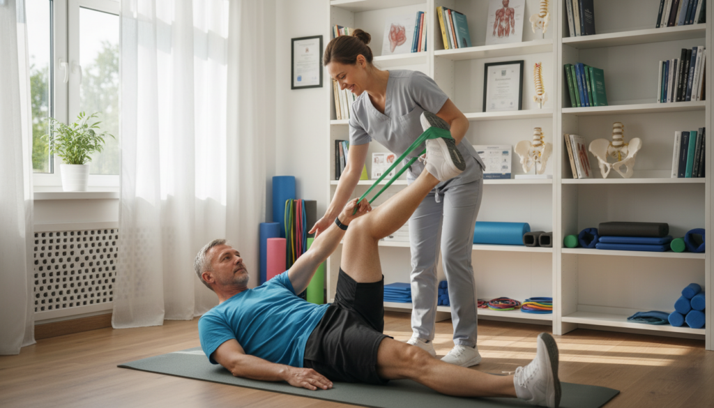 A physiotherapist demonstrating conservative treatment exercises for muscle weakness due to sciatica. In the foreground, a middle-aged male patient in comfortable athletic wear performs a stretching exercise with guidance from a professional female physiotherapist dressed in a smart, modest outfit. In the middle ground, a bright, welcoming therapy room features exercise mats, resistance bands, and stability balls, accentuated by warm, natural light pouring through a large window. The background shows shelves with health-related books and anatomical models, creating an atmosphere of professionalism and care. The composition captures a moment of focused engagement, emphasizing the importance of physical therapy for pain relief and rehabilitation. A physiotherapist demonstrating conservative treatment exercises for muscle weakness due to sciatica. In the foreground, a middle-aged male patient in comfortable athletic wear performs a stretching exercise with guidance from a professional female physiotherapist dressed in a smart, modest outfit. In the middle ground, a bright, welcoming therapy room features exercise mats, resistance bands, and stability balls, accentuated by warm, natural light pouring through a large window. The background shows shelves with health-related books and anatomical models, creating an atmosphere of professionalism and care. The composition captures a moment of focused engagement, emphasizing the importance of physical therapy for pain relief and rehabilitation.