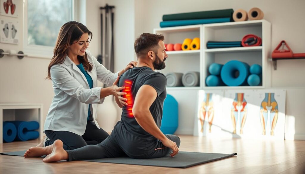 A physiotherapist demonstrating techniques to alleviate Piriformis Syndrome in a bright, naturally lit clinic setting. In the foreground, a female therapist in professional attire assists a male patient as he performs a stretching exercise on a comfortable mat. The middle ground shows anatomical diagrams of the hip and muscles related to the Piriformis, emphasizing education in treatment. In the background, various exercise tools like foam rollers and resistance bands are neatly organized on shelves. The atmosphere is calm and encouraging, promoting a sense of healing and support. Use soft, warm lighting to create an inviting environment, with a slight focus on the interaction between the therapist and patient, shot from a medium angle to capture both their expressions and the treatment tools. A physiotherapist demonstrating techniques to alleviate Piriformis Syndrome in a bright, naturally lit clinic setting. In the foreground, a female therapist in professional attire assists a male patient as he performs a stretching exercise on a comfortable mat. The middle ground shows anatomical diagrams of the hip and muscles related to the Piriformis, emphasizing education in treatment. In the background, various exercise tools like foam rollers and resistance bands are neatly organized on shelves. The atmosphere is calm and encouraging, promoting a sense of healing and support. Use soft, warm lighting to create an inviting environment, with a slight focus on the interaction between the therapist and patient, shot from a medium angle to capture both their expressions and the treatment tools.