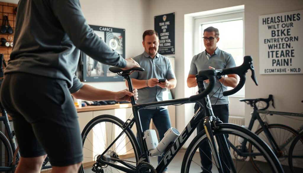A professional bike fitting session in a cozy, well-lit cycling studio. In the foreground, a person in modest casual clothing is adjusting a high-quality road bike, focusing on the saddle height and handlebar position. The bike is sleek and modern, with subtle details like a digital fitting tool nearby. In the middle ground, an experienced bike fitter observes and gives advice, dressed in professional attire, with a measuring tool in hand. The background features cycling gear and motivational posters related to biking and ergonomics. Soft natural light streams in through a window, creating a warm and inviting atmosphere, emphasizing comfort and professionalism in optimizing bike setup for preventing pain while riding. A professional bike fitting session in a cozy, well-lit cycling studio. In the foreground, a person in modest casual clothing is adjusting a high-quality road bike, focusing on the saddle height and handlebar position. The bike is sleek and modern, with subtle details like a digital fitting tool nearby. In the middle ground, an experienced bike fitter observes and gives advice, dressed in professional attire, with a measuring tool in hand. The background features cycling gear and motivational posters related to biking and ergonomics. Soft natural light streams in through a window, creating a warm and inviting atmosphere, emphasizing comfort and professionalism in optimizing bike setup for preventing pain while riding.