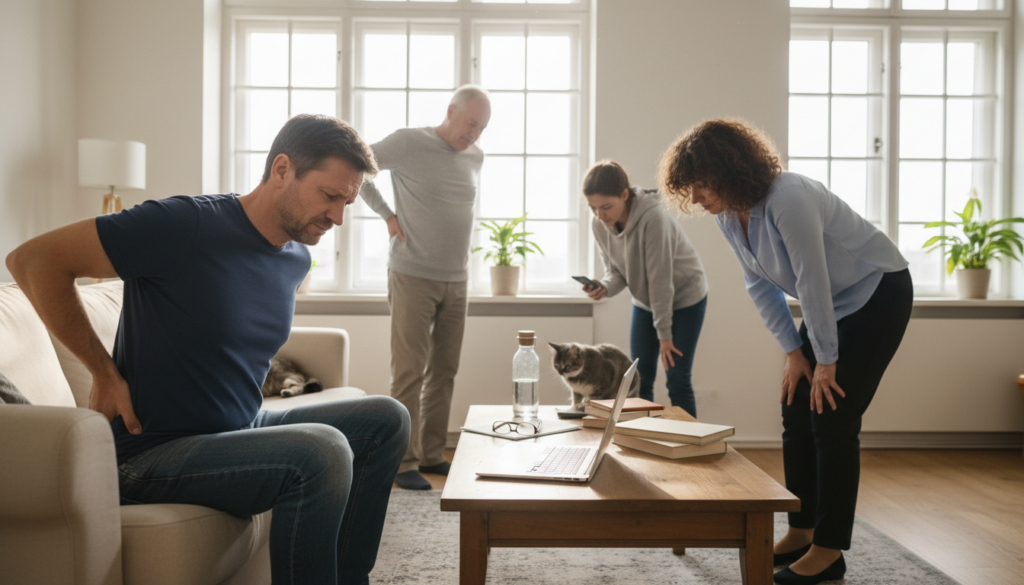 A professional, realistic scene depicting a diverse group of individuals experiencing back pain in a natural, everyday setting. In the foreground, a middle-aged man expresses discomfort while sitting on a couch, dressed in casual attire – a plain shirt and jeans. A woman beside him stretches her lower back, wearing business casual clothing, demonstrating different postures. In the middle ground, there’s a wooden table cluttered with items like a laptop and a water bottle, suggesting a work-from-home environment. The background features a bright, airy room with large windows allowing soft, natural light to fill the space. The overall mood conveys an atmosphere of concern and understanding, reflecting the various causes of back pain in everyday life. A professional, realistic scene depicting a diverse group of individuals experiencing back pain in a natural, everyday setting. In the foreground, a middle-aged man expresses discomfort while sitting on a couch, dressed in casual attire – a plain shirt and jeans. A woman beside him stretches her lower back, wearing business casual clothing, demonstrating different postures. In the middle ground, there’s a wooden table cluttered with items like a laptop and a water bottle, suggesting a work-from-home environment. The background features a bright, airy room with large windows allowing soft, natural light to fill the space. The overall mood conveys an atmosphere of concern and understanding, reflecting the various causes of back pain in everyday life.