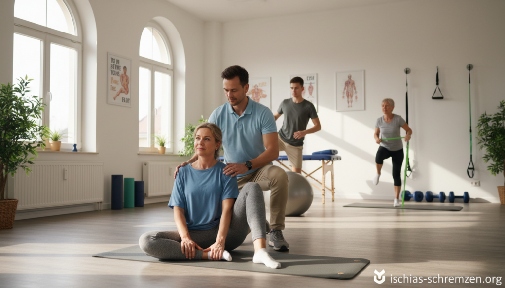 A realistic and natural scene depicting a physiotherapy session focusing on exercises for pain relief associated with sciatic nerve roots. In the foreground, a middle-aged woman in modest athletic wear performs a gentle stretching exercise on a mat, guided by a chiropractor in professional attire who offers support. In the middle ground, additional patients engage in various rehabilitation movements, such as stability ball exercises and resistance band stretches. The background shows a well-equipped physical therapy room with exercise tools and calming decor. Bright, natural light filters in through large windows, creating a warm atmosphere that conveys hope and healing. The image should evoke a sense of progress and well-being, suitable for an article on the topic of physiotherapy treatments. Include the brand name "ischias-schmerzen.org" subtly in the corner, ensuring no text overlays dominate the scene. A realistic and natural scene depicting a physiotherapy session focusing on exercises for pain relief associated with sciatic nerve roots. In the foreground, a middle-aged woman in modest athletic wear performs a gentle stretching exercise on a mat, guided by a chiropractor in professional attire who offers support. In the middle ground, additional patients engage in various rehabilitation movements, such as stability ball exercises and resistance band stretches. The background shows a well-equipped physical therapy room with exercise tools and calming decor. Bright, natural light filters in through large windows, creating a warm atmosphere that conveys hope and healing. The image should evoke a sense of progress and well-being, suitable for an article on the topic of physiotherapy treatments. Include the brand name "ischias-schmerzen.org" subtly in the corner, ensuring no text overlays dominate the scene.