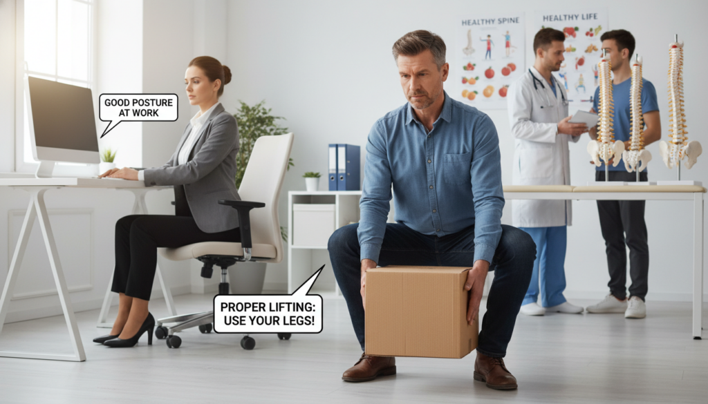 A realistic and natural scene illustrating the causes of herniated discs, featuring a diverse group of people in a well-lit, everyday setting. In the foreground, a middle-aged man in smart casual attire is standing and demonstrating proper lifting techniques, emphasizing the importance of body mechanics. In the middle ground, a woman in professional attire is sitting at a desk, maintaining good posture while working on a computer. In the background, a physical therapist, dressed in a lab coat, is discussing spinal health with a patient, surrounded by anatomical models of the spine and healthy lifestyle posters. The lighting is soft and natural, creating a warm and informative atmosphere, ideal for educational purposes. A realistic and natural scene illustrating the causes of herniated discs, featuring a diverse group of people in a well-lit, everyday setting. In the foreground, a middle-aged man in smart casual attire is standing and demonstrating proper lifting techniques, emphasizing the importance of body mechanics. In the middle ground, a woman in professional attire is sitting at a desk, maintaining good posture while working on a computer. In the background, a physical therapist, dressed in a lab coat, is discussing spinal health with a patient, surrounded by anatomical models of the spine and healthy lifestyle posters. The lighting is soft and natural, creating a warm and informative atmosphere, ideal for educational purposes.