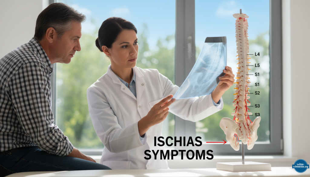 A realistic depiction of a medical professional examining a patient's lower back in a clinical setting, highlighting the lumbar spine area where Ischias symptoms arise. The foreground shows the doctor in a white coat, assessing an X-ray of the lumbar region with evident concern. The patient, dressed in modest casual clothing, appears attentive and engaged. In the middle, a human spine model labeled with L4-S3 vertebrae illustrates nerve roots, emphasizing the causes and symptoms of Ischias. The background features natural light streaming through a window, creating a calm and professional atmosphere. The scene captures a moment of diagnosis, showcasing empathy and professionalism. Include the logo "ischias-schmerzen.org" discreetly positioned in the corner. A realistic depiction of a medical professional examining a patient's lower back in a clinical setting, highlighting the lumbar spine area where Ischias symptoms arise. The foreground shows the doctor in a white coat, assessing an X-ray of the lumbar region with evident concern. The patient, dressed in modest casual clothing, appears attentive and engaged. In the middle, a human spine model labeled with L4-S3 vertebrae illustrates nerve roots, emphasizing the causes and symptoms of Ischias. The background features natural light streaming through a window, creating a calm and professional atmosphere. The scene captures a moment of diagnosis, showcasing empathy and professionalism. Include the logo "ischias-schmerzen.org" discreetly positioned in the corner.