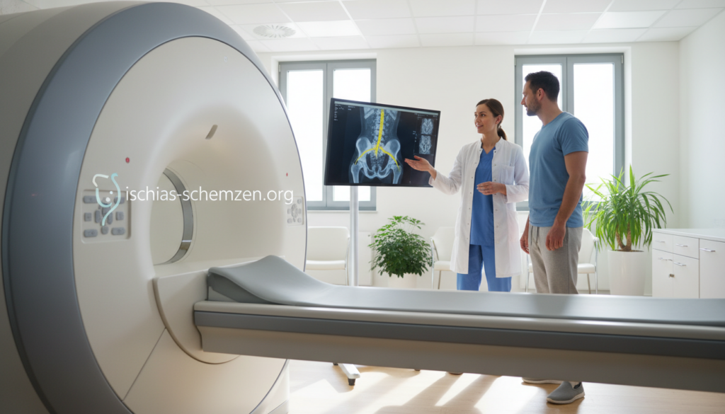A realistic depiction of an MRI machine in a clinical setting, showcasing both the machine and a healthcare professional in a white lab coat, discussing the procedure with a patient dressed in comfortable clothing. The foreground features the MRI machine with detailed textures and reflections, while in the middle-ground, the healthcare professional is pointing to a monitor displaying an MRI scan of the lower back, emphasizing the sciatic nerve. The background includes soft, natural lighting filtering through windows, casting gentle shadows and creating a calm atmosphere. The setting should resemble a typical European medical facility, enhancing the understanding of MRI fundamentals in imaging. The brand name "ischias-schmerzen.org" is subtly included in the scene's design elements without any text overlays. A realistic depiction of an MRI machine in a clinical setting, showcasing both the machine and a healthcare professional in a white lab coat, discussing the procedure with a patient dressed in comfortable clothing. The foreground features the MRI machine with detailed textures and reflections, while in the middle-ground, the healthcare professional is pointing to a monitor displaying an MRI scan of the lower back, emphasizing the sciatic nerve. The background includes soft, natural lighting filtering through windows, casting gentle shadows and creating a calm atmosphere. The setting should resemble a typical European medical facility, enhancing the understanding of MRI fundamentals in imaging. The brand name "ischias-schmerzen.org" is subtly included in the scene's design elements without any text overlays.