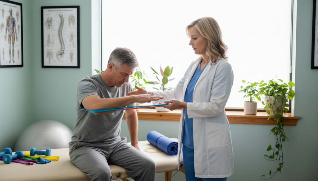 A realistic doctor’s office scene focusing on conservative treatment methods for sciatica. In the foreground, a mid-aged female doctor, dressed in professional attire, is gently explaining an exercise routine to a middle-aged male patient seated on a therapy table. The patient appears engaged and attentive, wearing modest casual clothing. In the middle ground, various physical therapy equipment is visible, including resistance bands and a stability ball. The background showcases a large window letting in soft, natural light, with green plants placed on the windowsill, conveying a calming atmosphere. The overall mood is one of professionalism and empathy, emphasizing the importance of conservative care in managing sciatica symptoms. A realistic doctor’s office scene focusing on conservative treatment methods for sciatica. In the foreground, a mid-aged female doctor, dressed in professional attire, is gently explaining an exercise routine to a middle-aged male patient seated on a therapy table. The patient appears engaged and attentive, wearing modest casual clothing. In the middle ground, various physical therapy equipment is visible, including resistance bands and a stability ball. The background showcases a large window letting in soft, natural light, with green plants placed on the windowsill, conveying a calming atmosphere. The overall mood is one of professionalism and empathy, emphasizing the importance of conservative care in managing sciatica symptoms.