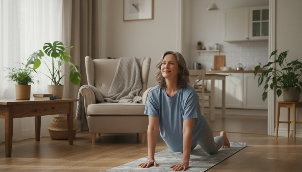 A realistic, everyday scene depicting practical tips for managing daily life with sciatica sensitivity disorders. In the foreground, a friendly middle-aged woman in modest casual clothing is engaged in a gentle stretching exercise, using a yoga mat in her living room. In the middle ground, a cozy home environment is illuminated by soft, natural light streaming through a window, highlighting comfortable furniture and soothing plants. In the background, an open doorway leads to a tidy kitchen, suggesting a serene and supportive atmosphere. The mood is calm and encouraging, promoting a sense of wellness and adaptability in everyday life. The scene captures the essence of resilience and normalcy in managing physical challenges without any high-gloss studio aesthetic. A realistic, everyday scene depicting practical tips for managing daily life with sciatica sensitivity disorders. In the foreground, a friendly middle-aged woman in modest casual clothing is engaged in a gentle stretching exercise, using a yoga mat in her living room. In the middle ground, a cozy home environment is illuminated by soft, natural light streaming through a window, highlighting comfortable furniture and soothing plants. In the background, an open doorway leads to a tidy kitchen, suggesting a serene and supportive atmosphere. The mood is calm and encouraging, promoting a sense of wellness and adaptability in everyday life. The scene captures the essence of resilience and normalcy in managing physical challenges without any high-gloss studio aesthetic.