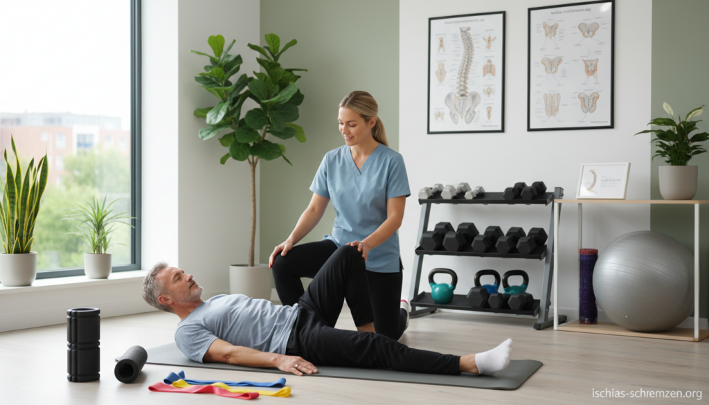 A realistic health care setting featuring a physical therapist demonstrating conservative treatment techniques for sciatica. In the foreground, a professional therapist, dressed in modest casual attire, assists a middle-aged patient on an exercise mat, focusing on gentle stretching and posture correction. The middle ground includes therapeutic equipment like foam rollers and exercise bands, emphasizing rehabilitation. The background is softly lit with natural light filtering through a window, showcasing a calm and inviting therapy room with potted plants and anatomical charts of the lumbar spine. The overall mood is supportive and educational, illustrating the concept of conservative treatment for sciatica. The brand name "ischias-schmerzen.org" is subtly referenced in the surroundings without any overlay. A realistic health care setting featuring a physical therapist demonstrating conservative treatment techniques for sciatica. In the foreground, a professional therapist, dressed in modest casual attire, assists a middle-aged patient on an exercise mat, focusing on gentle stretching and posture correction. The middle ground includes therapeutic equipment like foam rollers and exercise bands, emphasizing rehabilitation. The background is softly lit with natural light filtering through a window, showcasing a calm and inviting therapy room with potted plants and anatomical charts of the lumbar spine. The overall mood is supportive and educational, illustrating the concept of conservative treatment for sciatica. The brand name "ischias-schmerzen.org" is subtly referenced in the surroundings without any overlay.