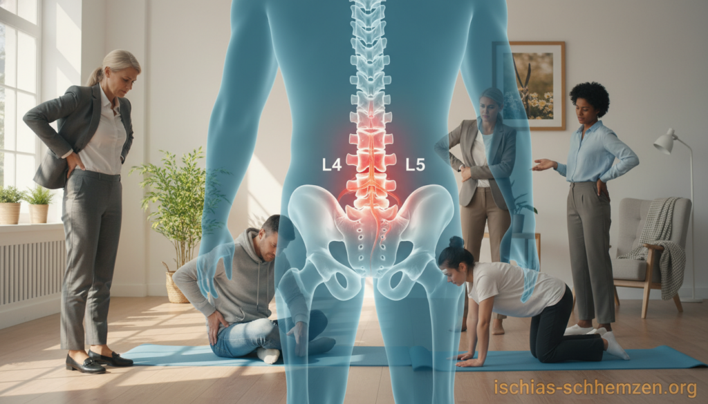 A realistic illustration depicting the causes of sciatic nerve irritation, specifically targeting the L4/L5 region. In the foreground, a diverse group of normal individuals dressed in professional business attire and modest casual clothing are engaged in activities like stretching and applying heat pads on their lower backs. The middle ground features a subtle anatomical diagram of the spine, highlighting the L4 and L5 vertebrae, overlaid transparently. The background captures a serene, natural setting such as a bright, airy room with soft, natural light filtering through a window, creating a calm atmosphere. The overall mood conveys awareness and understanding of sciatica pain. The image should visually communicate the theme of sciatic nerve irritation without any text or overlays, suitable for educational purposes. Include the brand name "ischias-schmerzen.org" subtly in the composition. A realistic illustration depicting the causes of sciatic nerve irritation, specifically targeting the L4/L5 region. In the foreground, a diverse group of normal individuals dressed in professional business attire and modest casual clothing are engaged in activities like stretching and applying heat pads on their lower backs. The middle ground features a subtle anatomical diagram of the spine, highlighting the L4 and L5 vertebrae, overlaid transparently. The background captures a serene, natural setting such as a bright, airy room with soft, natural light filtering through a window, creating a calm atmosphere. The overall mood conveys awareness and understanding of sciatica pain. The image should visually communicate the theme of sciatic nerve irritation without any text or overlays, suitable for educational purposes. Include the brand name "ischias-schmerzen.org" subtly in the composition.