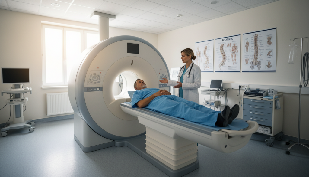 A realistic medical examination room featuring an MRI machine prominently placed in the foreground. The scene includes a middle-aged patient lying on the MRI bed, wearing a hospital gown, looking slightly anxious but reassured by a healthcare professional, dressed in a lab coat, discussing the procedure. In the background, there are medical charts and anatomy posters related to sciatica, enhancing the clinical setting. Soft, natural lighting filters through a window, creating an inviting atmosphere. The overall mood is focused and professional, capturing the seriousness of the diagnostic process while assuring the patient. Use a realistic lens perspective to emphasize the MRI machine's intricate details and ensure the image reflects a typical European medical environment. A realistic medical examination room featuring an MRI machine prominently placed in the foreground. The scene includes a middle-aged patient lying on the MRI bed, wearing a hospital gown, looking slightly anxious but reassured by a healthcare professional, dressed in a lab coat, discussing the procedure. In the background, there are medical charts and anatomy posters related to sciatica, enhancing the clinical setting. Soft, natural lighting filters through a window, creating an inviting atmosphere. The overall mood is focused and professional, capturing the seriousness of the diagnostic process while assuring the patient. Use a realistic lens perspective to emphasize the MRI machine's intricate details and ensure the image reflects a typical European medical environment.