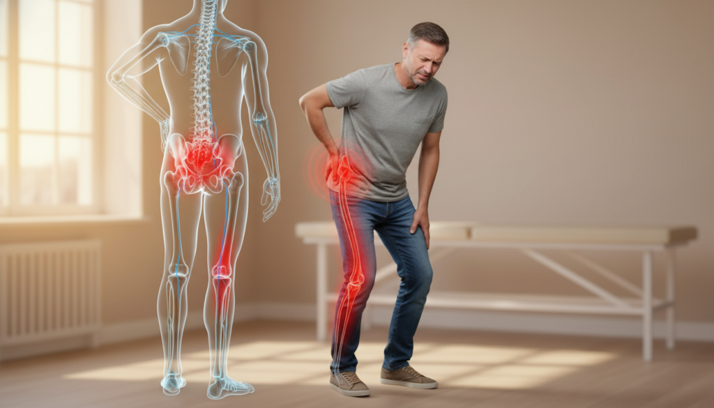 A realistic medical illustration depicting the symptoms of sciatic nerve pain along the trajectory of the leg. In the foreground, a middle-aged man in a modest casual outfit stands, holding his lower back in discomfort, demonstrating a pained expression. In the middle ground, a faint outline of the human body shows the sciatic nerve path with highlighted areas of pain marked in red, gradually fading down the leg. The background features a softly lit, neutral-toned room, suggesting a clinical environment without being sterile. The atmosphere conveys a sense of concern and empathy, aiming to provide clarity on the topic of sciatica symptoms. Natural light filters through a nearby window, creating a warm and approachable setting. A realistic medical illustration depicting the symptoms of sciatic nerve pain along the trajectory of the leg. In the foreground, a middle-aged man in a modest casual outfit stands, holding his lower back in discomfort, demonstrating a pained expression. In the middle ground, a faint outline of the human body shows the sciatic nerve path with highlighted areas of pain marked in red, gradually fading down the leg. The background features a softly lit, neutral-toned room, suggesting a clinical environment without being sterile. The atmosphere conveys a sense of concern and empathy, aiming to provide clarity on the topic of sciatica symptoms. Natural light filters through a nearby window, creating a warm and approachable setting.