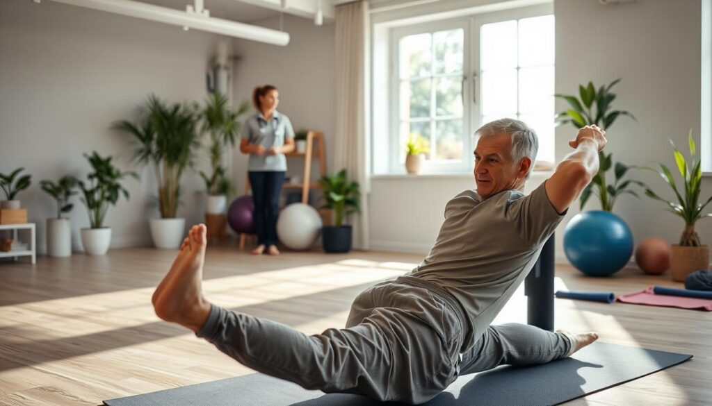 A realistic physiotherapy session focusing on back exercises. In the foreground, a middle-aged man in professional casual attire is performing a gentle stretching exercise on a yoga mat, showing a focused expression. In the middle ground, a female physiotherapist in a polo shirt and slacks is attentively guiding him, demonstrating proper form. The background features a bright, airy physiotherapy room with natural light streaming in through large windows, plants in the corners, and exercise equipment like stability balls and resistance bands. The atmosphere is calm and supportive, emphasizing a healing and professional environment conducive to recovery and therapy. The image captures a moment of personalized attention in physiotherapy, reflecting the importance of manual therapy approaches for back issues. A realistic physiotherapy session focusing on back exercises. In the foreground, a middle-aged man in professional casual attire is performing a gentle stretching exercise on a yoga mat, showing a focused expression. In the middle ground, a female physiotherapist in a polo shirt and slacks is attentively guiding him, demonstrating proper form. The background features a bright, airy physiotherapy room with natural light streaming in through large windows, plants in the corners, and exercise equipment like stability balls and resistance bands. The atmosphere is calm and supportive, emphasizing a healing and professional environment conducive to recovery and therapy. The image captures a moment of personalized attention in physiotherapy, reflecting the importance of manual therapy approaches for back issues.