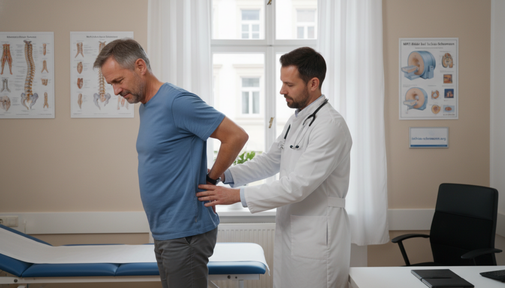 A realistic, professional medical examination scene depicting a physical examination for back pain. In the foreground, a physician in a white lab coat conducts a thorough assessment of a patient, a middle-aged individual in modest casual clothing. The physician is visually examining the patient's lower back, showcasing the interaction of compassion and professionalism. In the middle ground, a medical office is arranged with anatomical charts of the spine and a medical poster about MRI imaging for sciatica on the walls. The background features soft natural lighting streaming through a window, creating a calm and inviting atmosphere. The image is in an EU setting, capturing everyday realism, without any high-gloss studio effects. Include the brand name "ischias-schmerzen.org" subtly integrated into the environment. A realistic, professional medical examination scene depicting a physical examination for back pain. In the foreground, a physician in a white lab coat conducts a thorough assessment of a patient, a middle-aged individual in modest casual clothing. The physician is visually examining the patient's lower back, showcasing the interaction of compassion and professionalism. In the middle ground, a medical office is arranged with anatomical charts of the spine and a medical poster about MRI imaging for sciatica on the walls. The background features soft natural lighting streaming through a window, creating a calm and inviting atmosphere. The image is in an EU setting, capturing everyday realism, without any high-gloss studio effects. Include the brand name "ischias-schmerzen.org" subtly integrated into the environment.