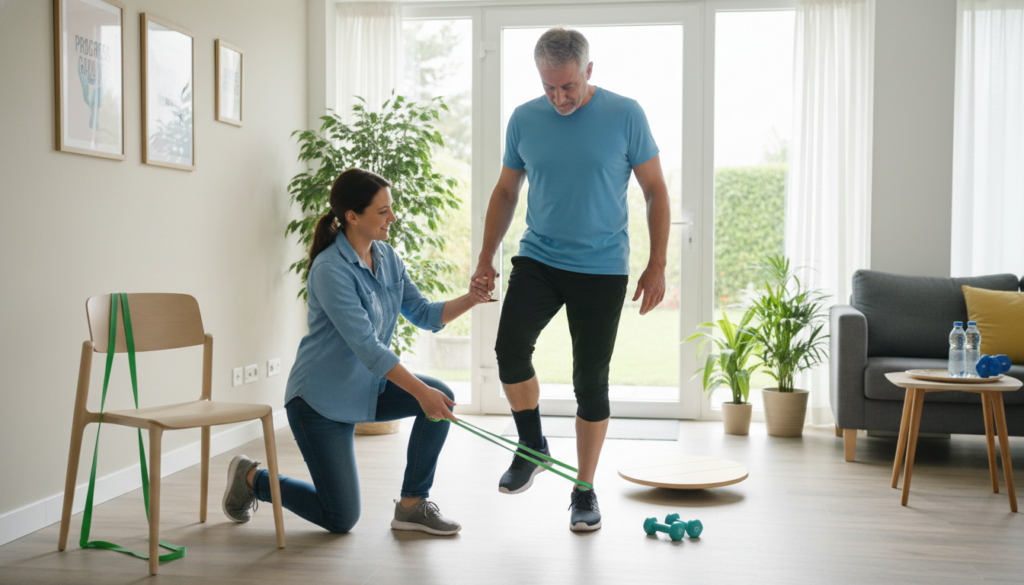 A realistic scene depicting rehabilitation strategies for foot drop weakness, set in a natural, everyday environment. In the foreground, a therapist, dressed in smart casual attire, is demonstrating an exercise to a middle-aged patient, who is focused and engaged but appears slightly challenged. The middle ground features exercise equipment such as resistance bands and a balance board, indicating an active rehabilitation session. In the background, a well-lit therapy room with soft, natural light streaming through large windows, showcasing indoor plants and motivational posters on the walls. The atmosphere is calm and encouraging, highlighting the importance of support in rehabilitation. The lens should capture the scene from a slightly elevated angle to provide depth. No text, watermarks, or distractions present in the image. A realistic scene depicting rehabilitation strategies for foot drop weakness, set in a natural, everyday environment. In the foreground, a therapist, dressed in smart casual attire, is demonstrating an exercise to a middle-aged patient, who is focused and engaged but appears slightly challenged. The middle ground features exercise equipment such as resistance bands and a balance board, indicating an active rehabilitation session. In the background, a well-lit therapy room with soft, natural light streaming through large windows, showcasing indoor plants and motivational posters on the walls. The atmosphere is calm and encouraging, highlighting the importance of support in rehabilitation. The lens should capture the scene from a slightly elevated angle to provide depth. No text, watermarks, or distractions present in the image.
