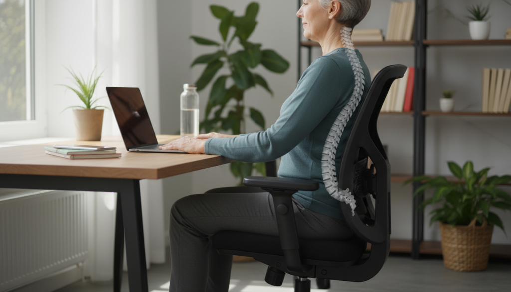 A realistic scene featuring a middle-aged person sitting at a desk, demonstrating correct posture to alleviate back pain. The person wears modest casual clothing, and their back is straight with shoulders relaxed, hands resting comfortably on the desk. The foreground shows a close-up of their posture, emphasizing proper alignment of the spine and hips. In the middle, there are office supplies like a laptop and a water bottle, with a slight focus on the ergonomic chair they are using. The background features a well-lit room with natural light streaming through a window, creating a calm and inviting atmosphere. The overall mood is professional and educational, suitable for an article on pain management and everyday tips. A realistic scene featuring a middle-aged person sitting at a desk, demonstrating correct posture to alleviate back pain. The person wears modest casual clothing, and their back is straight with shoulders relaxed, hands resting comfortably on the desk. The foreground shows a close-up of their posture, emphasizing proper alignment of the spine and hips. In the middle, there are office supplies like a laptop and a water bottle, with a slight focus on the ergonomic chair they are using. The background features a well-lit room with natural light streaming through a window, creating a calm and inviting atmosphere. The overall mood is professional and educational, suitable for an article on pain management and everyday tips.
