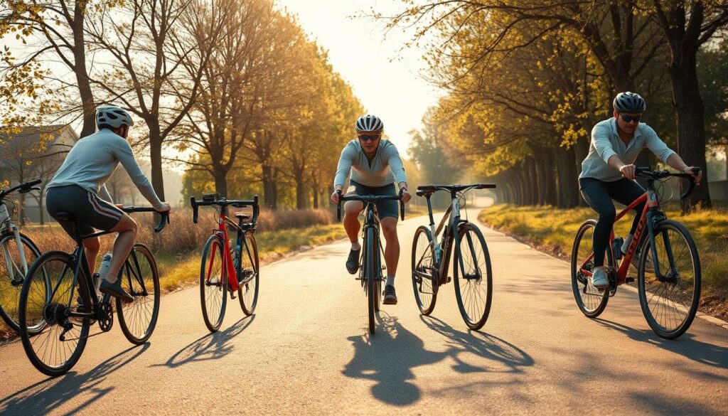 A realistic scene illustrating various bicycle types and their riding positions in a European setting. In the foreground, a cyclist in modest casual clothing rides a mountain bike with an upright posture, showcasing comfort. In the middle ground, a road bike cyclist leans forward in an aerodynamic position, highlighting speed. Nearby, a hybrid bike rider adopts a relaxed, neutral stance. The background features a scenic bike path lined with trees, bathed in soft, natural daylight, creating a warm and inviting atmosphere. The angle captures the dynamics of cycling, emphasizing individual riding styles while maintaining a sense of everyday life. The composition should reflect an active lifestyle and promote the joy of cycling without any distractions or clutter. A realistic scene illustrating various bicycle types and their riding positions in a European setting. In the foreground, a cyclist in modest casual clothing rides a mountain bike with an upright posture, showcasing comfort. In the middle ground, a road bike cyclist leans forward in an aerodynamic position, highlighting speed. Nearby, a hybrid bike rider adopts a relaxed, neutral stance. The background features a scenic bike path lined with trees, bathed in soft, natural daylight, creating a warm and inviting atmosphere. The angle captures the dynamics of cycling, emphasizing individual riding styles while maintaining a sense of everyday life. The composition should reflect an active lifestyle and promote the joy of cycling without any distractions or clutter.