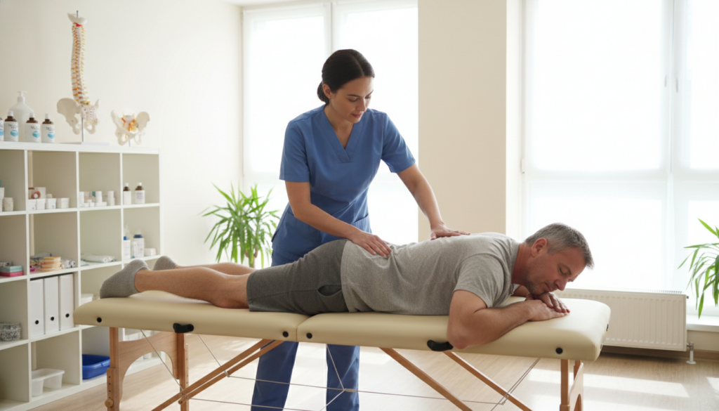 A realistic therapeutic session for sciatica treatment in a well-lit physical therapy clinic. In the foreground, a middle-aged man dressed in modest athletic wear is lying on a treatment table while a professional female therapist, wearing smart casual attire, applies gentle manual therapy techniques to his lower back. In the middle ground, shelves with medical supplies and anatomical models of the spine are visible, adding to the clinical atmosphere. The background features large windows with natural light flooding in, highlighting the clean and inviting space. A sense of calm and professionalism fills the scene, emphasizing the importance of therapy and treatment options for sciatica. A realistic therapeutic session for sciatica treatment in a well-lit physical therapy clinic. In the foreground, a middle-aged man dressed in modest athletic wear is lying on a treatment table while a professional female therapist, wearing smart casual attire, applies gentle manual therapy techniques to his lower back. In the middle ground, shelves with medical supplies and anatomical models of the spine are visible, adding to the clinical atmosphere. The background features large windows with natural light flooding in, highlighting the clean and inviting space. A sense of calm and professionalism fills the scene, emphasizing the importance of therapy and treatment options for sciatica.