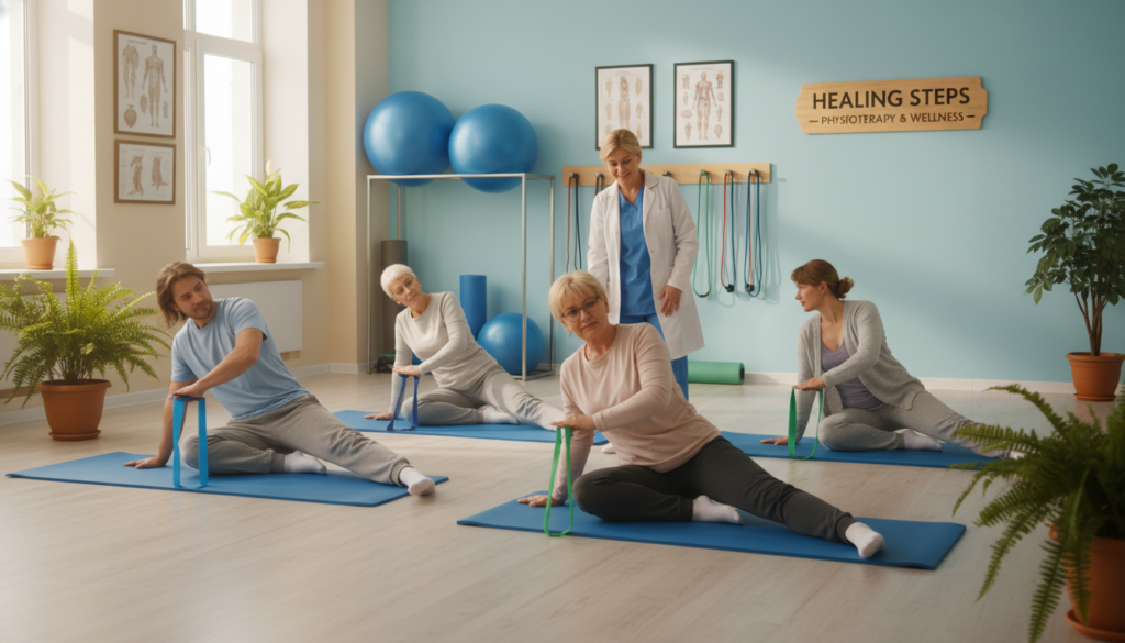 A serene and realistic image depicting a physiotherapy session focusing on conservative treatments for sciatica. In the foreground, a diverse group of patients, dressed in modest casual clothing, engages in gentle exercises with a professional physiotherapist, showcasing a supportive environment. The middle ground features exercise mats and therapy equipment, including exercise balls and resistance bands, creating a sense of activity and engagement. In the background, a bright and welcoming therapy room bathed in natural light, with calming colors and plants, enhances the atmosphere of healing. The composition emphasizes the importance of rehabilitation, resilience, and community support in managing discomfort associated with nerve damage. The warm lighting and soft focus create an encouraging and hopeful mood. A serene and realistic image depicting a physiotherapy session focusing on conservative treatments for sciatica. In the foreground, a diverse group of patients, dressed in modest casual clothing, engages in gentle exercises with a professional physiotherapist, showcasing a supportive environment. The middle ground features exercise mats and therapy equipment, including exercise balls and resistance bands, creating a sense of activity and engagement. In the background, a bright and welcoming therapy room bathed in natural light, with calming colors and plants, enhances the atmosphere of healing. The composition emphasizes the importance of rehabilitation, resilience, and community support in managing discomfort associated with nerve damage. The warm lighting and soft focus create an encouraging and hopeful mood.