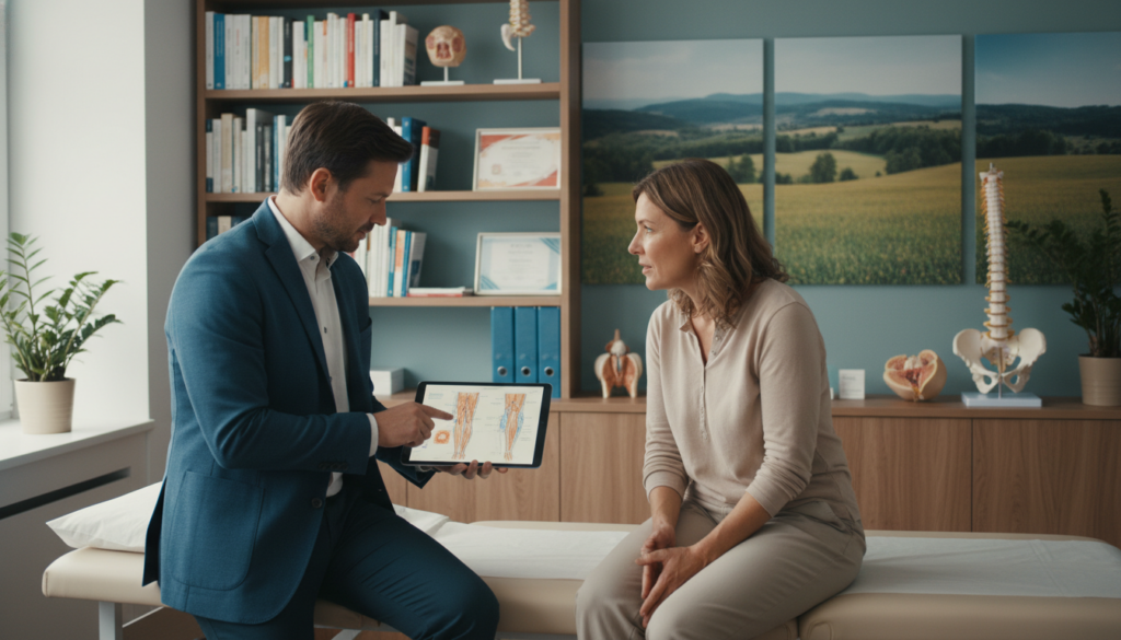 A serene consultation room in a modern European clinic focused on treating sciatic nerve issues. In the foreground, a healthcare professional in smart casual attire, attentively explaining treatment options to a patient sitting on an examination table, looking curious and engaged. The doctor gestures towards anatomical diagrams of the leg and sciatic nerve on a digital tablet, while the patient nods thoughtfully. In the middle ground, shelves filled with medical books and models of the human spine and nerves, softly lit by natural light streaming through a window. The background features calming colors and images of nature, evoking a sense of hope and healing. The atmosphere is warm and professional, intended to convey comfort and reassurance. A serene consultation room in a modern European clinic focused on treating sciatic nerve issues. In the foreground, a healthcare professional in smart casual attire, attentively explaining treatment options to a patient sitting on an examination table, looking curious and engaged. The doctor gestures towards anatomical diagrams of the leg and sciatic nerve on a digital tablet, while the patient nods thoughtfully. In the middle ground, shelves filled with medical books and models of the human spine and nerves, softly lit by natural light streaming through a window. The background features calming colors and images of nature, evoking a sense of hope and healing. The atmosphere is warm and professional, intended to convey comfort and reassurance.