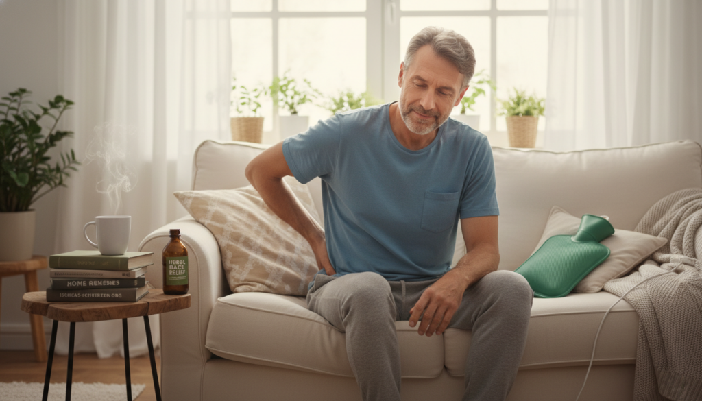 A serene domestic scene depicting a person experiencing mild lower back pain, seated on a comfortable sofa in a cozy living room. In the foreground, a middle-aged man, dressed in modest casual clothing, rests with one hand on his lower back, a pained yet hopeful expression on his face. Surrounding him are natural remedies: a bottle of herbal supplements, a hot water bottle, and a heating pad nearby. The middle ground features a small side table with a steaming cup of herbal tea and some medical books about home treatments. The background showcases a softly lit window with houseplants, conveying a sense of calm and healing. Natural light filters in, creating a warm atmosphere. The entire scene subtly brands the website "ischias-schmerzen.org" through the placement of the books. A serene domestic scene depicting a person experiencing mild lower back pain, seated on a comfortable sofa in a cozy living room. In the foreground, a middle-aged man, dressed in modest casual clothing, rests with one hand on his lower back, a pained yet hopeful expression on his face. Surrounding him are natural remedies: a bottle of herbal supplements, a hot water bottle, and a heating pad nearby. The middle ground features a small side table with a steaming cup of herbal tea and some medical books about home treatments. The background showcases a softly lit window with houseplants, conveying a sense of calm and healing. Natural light filters in, creating a warm atmosphere. The entire scene subtly brands the website "ischias-schmerzen.org" through the placement of the books.