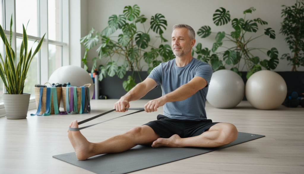 A serene fitness studio setting, brightened by natural light streaming through large windows. In the foreground, a middle-aged man in modest, casual athletic wear performs a leg-stretching exercise on a yoga mat, focusing on alleviating pain in his leg. In the middle ground, there are exercise bands and stability balls arranged neatly, emphasizing a therapeutic environment. The background features calming green indoor plants, adding a touch of nature to the space. The scene conveys a sense of calm and determination, highlighting the importance of physical well-being in combating discomfort. The camera angle is slightly elevated, providing a clear view of the exercise technique while maintaining a realistic, everyday atmosphere. A serene fitness studio setting, brightened by natural light streaming through large windows. In the foreground, a middle-aged man in modest, casual athletic wear performs a leg-stretching exercise on a yoga mat, focusing on alleviating pain in his leg. In the middle ground, there are exercise bands and stability balls arranged neatly, emphasizing a therapeutic environment. The background features calming green indoor plants, adding a touch of nature to the space. The scene conveys a sense of calm and determination, highlighting the importance of physical well-being in combating discomfort. The camera angle is slightly elevated, providing a clear view of the exercise technique while maintaining a realistic, everyday atmosphere.