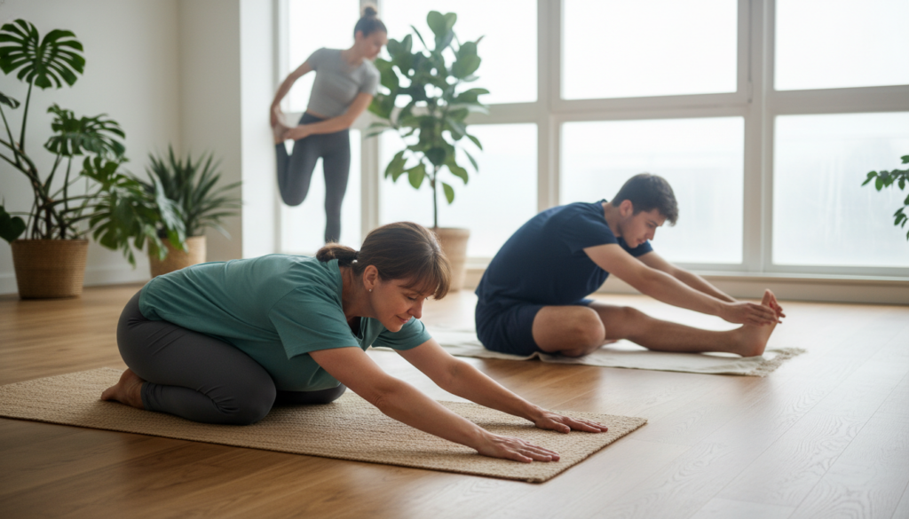 A serene indoor setting featuring a diverse group of three people performing gentle stretching exercises focused on their backs and legs. In the foreground, a middle-aged woman in modest athletic attire stretches her lower back on a yoga mat, while in the middle ground, a young man is seen in a seated position, leaning forward to reach for his toes. The background shows a softly lit room with large windows allowing natural light, plants for a calming atmosphere, and a wooden floor that enhances a sense of warmth and tranquility. The composition conveys a therapeutic and restorative mood, emphasizing movement and the importance of targeted exercises for overall well-being. A serene indoor setting featuring a diverse group of three people performing gentle stretching exercises focused on their backs and legs. In the foreground, a middle-aged woman in modest athletic attire stretches her lower back on a yoga mat, while in the middle ground, a young man is seen in a seated position, leaning forward to reach for his toes. The background shows a softly lit room with large windows allowing natural light, plants for a calming atmosphere, and a wooden floor that enhances a sense of warmth and tranquility. The composition conveys a therapeutic and restorative mood, emphasizing movement and the importance of targeted exercises for overall well-being.