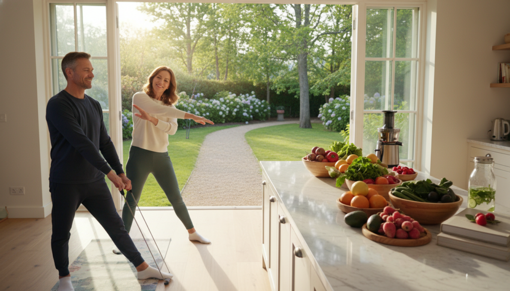 A serene lifestyle scene illustrating nerve health and prevention related to sciatica neuropathy. In the foreground, a middle-aged couple engages in light exercise, dressed in comfortable yet professional attire, showcasing a balanced lifestyle. The man is stretching beside a yoga mat, while the woman demonstrates a gentle exercise, both smiling and relaxed. The middle ground features a well-lit kitchen with fresh fruits and vegetables on the counter, symbolizing healthy eating. The background showcases a sunny outdoor environment with green trees and a walking path, reflecting a natural lifestyle. The atmosphere should be warm and inviting, with natural light streaming through the windows, creating an uplifting mood that emphasizes wellness and prevention. A serene lifestyle scene illustrating nerve health and prevention related to sciatica neuropathy. In the foreground, a middle-aged couple engages in light exercise, dressed in comfortable yet professional attire, showcasing a balanced lifestyle. The man is stretching beside a yoga mat, while the woman demonstrates a gentle exercise, both smiling and relaxed. The middle ground features a well-lit kitchen with fresh fruits and vegetables on the counter, symbolizing healthy eating. The background showcases a sunny outdoor environment with green trees and a walking path, reflecting a natural lifestyle. The atmosphere should be warm and inviting, with natural light streaming through the windows, creating an uplifting mood that emphasizes wellness and prevention.