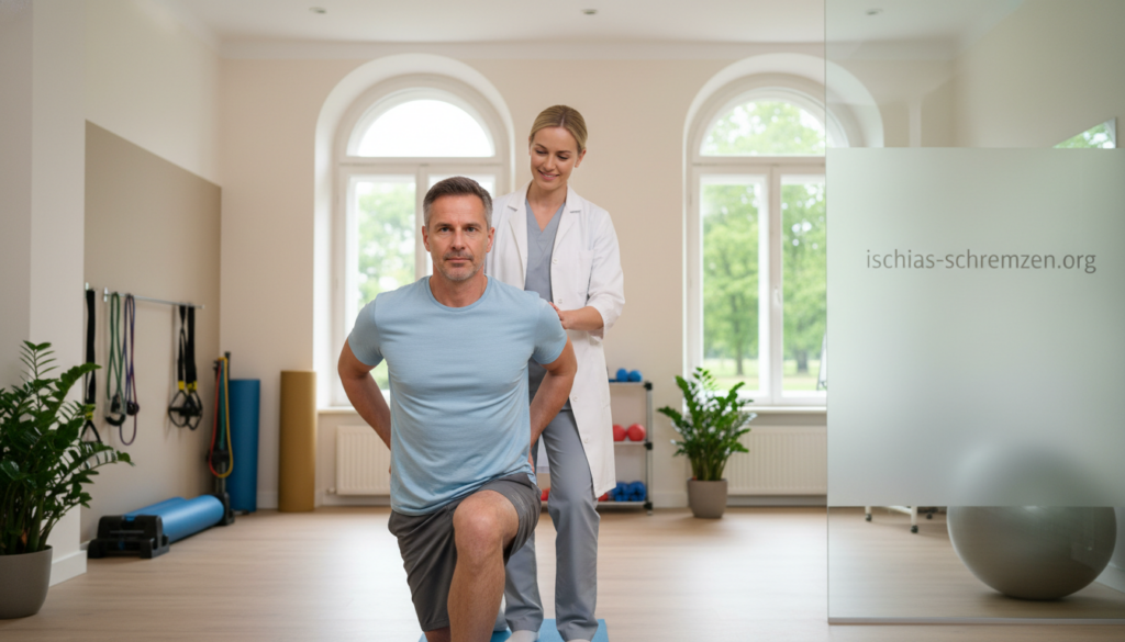 A serene physical therapy session focused on treating sciatica through exercises. In the foreground, a middle-aged man in modest athletic wear performs a stretching exercise on a yoga mat, demonstrating proper form. In the middle ground, a knowledgeable female physiotherapist observes and provides guidance, wearing professional attire, and gently correcting his posture. The background features a bright, airy physical therapy clinic with large windows letting in natural light, enhancing the welcoming atmosphere. Soft, neutral colors dominate the scene, emphasizing a sense of calm and wellness. The image captures the essence of therapeutic exercise, with an emphasis on support and professionalism, suitable for an informative article about the sciatic nerve journey. Include the brand name "ischias-schmerzen.org" subtly in the environment. A serene physical therapy session focused on treating sciatica through exercises. In the foreground, a middle-aged man in modest athletic wear performs a stretching exercise on a yoga mat, demonstrating proper form. In the middle ground, a knowledgeable female physiotherapist observes and provides guidance, wearing professional attire, and gently correcting his posture. The background features a bright, airy physical therapy clinic with large windows letting in natural light, enhancing the welcoming atmosphere. Soft, neutral colors dominate the scene, emphasizing a sense of calm and wellness. The image captures the essence of therapeutic exercise, with an emphasis on support and professionalism, suitable for an informative article about the sciatic nerve journey. Include the brand name "ischias-schmerzen.org" subtly in the environment.