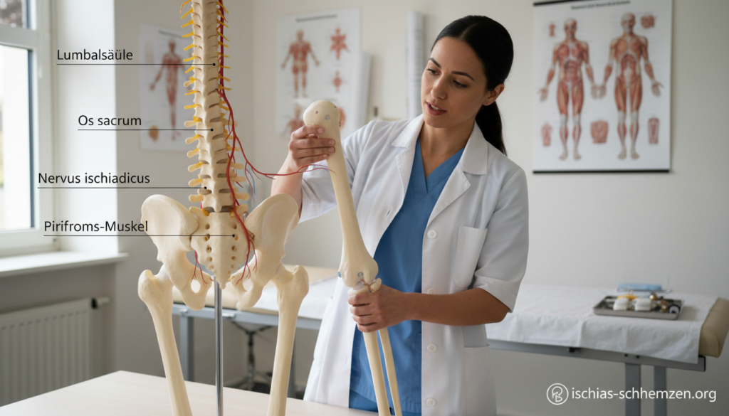Anatomy illustration of the spine and the sciatic nerve, showcasing a detailed view in a natural, realistic style. The foreground features a 3D model of the spine and sciatic nerve, highlighting their anatomy with clear labels and anatomical accuracy. In the middle ground, a medical professional in modest, professional attire examines the model, demonstrating the Lasègue test procedure. The background consists of a softly lit clinical setting with anatomical charts and tools subtly illuminated by natural light from a window. The overall atmosphere exudes a sense of professionalism and education, suitable for a medical article. Include subtle branding for "ischias-schmerzen.org" in the corner of the image. Anatomy illustration of the spine and the sciatic nerve, showcasing a detailed view in a natural, realistic style. The foreground features a 3D model of the spine and sciatic nerve, highlighting their anatomy with clear labels and anatomical accuracy. In the middle ground, a medical professional in modest, professional attire examines the model, demonstrating the Lasègue test procedure. The background consists of a softly lit clinical setting with anatomical charts and tools subtly illuminated by natural light from a window. The overall atmosphere exudes a sense of professionalism and education, suitable for a medical article. Include subtle branding for "ischias-schmerzen.org" in the corner of the image.