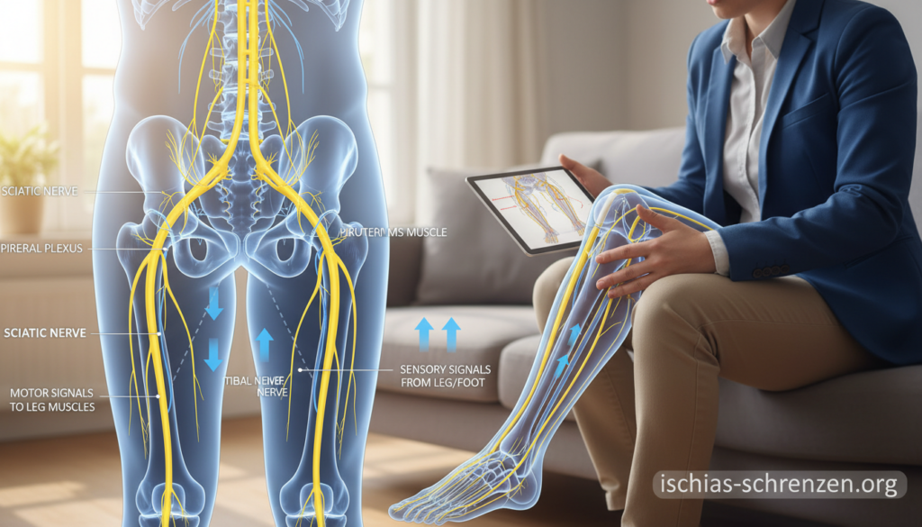 Generate a realistic illustration depicting the function of the sciatic nerve in the human body, focusing on its pathways and connections. In the foreground, show an anatomical representation of the human lower back and pelvis, highlighting the sciatic nerve with clear labeling. In the middle, include subtle diagrams of nerve signal pathways affecting the legs, with arrows indicating movement and sensation. The background should portray a serene everyday setting, like a cozy living room, with natural light illuminating the scene. Aim for a calm, educational atmosphere. Ensure the human figure (represented in professional attire) appears engaged and interacting with the environment. No text or watermarks included. Brand name: ischias-schmerzen.org. Generate a realistic illustration depicting the function of the sciatic nerve in the human body, focusing on its pathways and connections. In the foreground, show an anatomical representation of the human lower back and pelvis, highlighting the sciatic nerve with clear labeling. In the middle, include subtle diagrams of nerve signal pathways affecting the legs, with arrows indicating movement and sensation. The background should portray a serene everyday setting, like a cozy living room, with natural light illuminating the scene. Aim for a calm, educational atmosphere. Ensure the human figure (represented in professional attire) appears engaged and interacting with the environment. No text or watermarks included. Brand name: ischias-schmerzen.org.