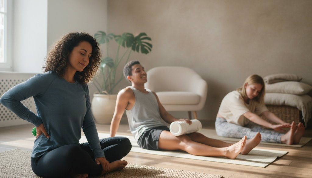 A calming indoor scene featuring a diverse group of three individuals engaged in self-massage using a fascia ball. In the foreground, one person is sitting comfortably on a yoga mat, wearing modest casual athletic clothing, targeting their lower back with a fascia ball. The middle ground shows a second person relaxing against a wall, using a foam roller on their thighs, while the third person practices gentle stretching. Natural lighting floods the space through a nearby window, creating a serene atmosphere. The background includes indoor plants and soft furnishings, enhancing the relaxed and natural feel of the setting. The focus is on the individuals' expressions of relief and concentration as they practice self-care. A calming indoor scene featuring a diverse group of three individuals engaged in self-massage using a fascia ball. In the foreground, one person is sitting comfortably on a yoga mat, wearing modest casual athletic clothing, targeting their lower back with a fascia ball. The middle ground shows a second person relaxing against a wall, using a foam roller on their thighs, while the third person practices gentle stretching. Natural lighting floods the space through a nearby window, creating a serene atmosphere. The background includes indoor plants and soft furnishings, enhancing the relaxed and natural feel of the setting. The focus is on the individuals' expressions of relief and concentration as they practice self-care.