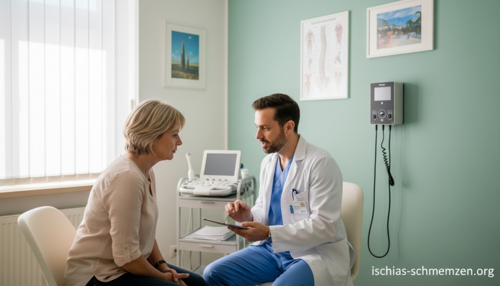 A clinical setting for interventional therapy focused on nerve pain. In the foreground, a doctor in professional attire is discussing treatment options with a patient, who looks attentive and engaged. Both individuals are sitting in a well-lit examination room, with natural light coming from a window, casting a warm and inviting glow. In the middle ground, medical equipment like a pain management device and diagrams of the human spine are visible, emphasizing the context of radiculopathy treatment. The background features a calming color palette with soft greens and blues, enhancing the atmosphere of reassurance and professionalism. The image is realistic and relatable, depicting everyday people in a typical EU medical office setting, embodying the professionalism of "ischias-schmerzen.org". A clinical setting for interventional therapy focused on nerve pain. In the foreground, a doctor in professional attire is discussing treatment options with a patient, who looks attentive and engaged. Both individuals are sitting in a well-lit examination room, with natural light coming from a window, casting a warm and inviting glow. In the middle ground, medical equipment like a pain management device and diagrams of the human spine are visible, emphasizing the context of radiculopathy treatment. The background features a calming color palette with soft greens and blues, enhancing the atmosphere of reassurance and professionalism. The image is realistic and relatable, depicting everyday people in a typical EU medical office setting, embodying the professionalism of "ischias-schmerzen.org".