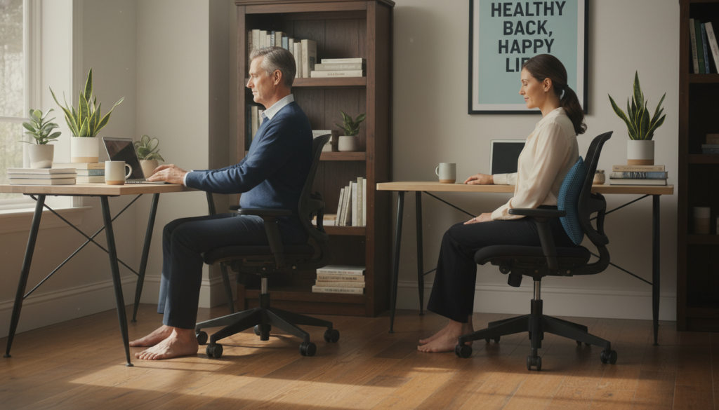 A cozy home office scene depicting a middle-aged man and woman practicing ergonomic sitting techniques at their desks. The man, dressed in smart casual attire, adjusts his chair's height while maintaining a straight posture, with feet flat on the ground. The woman, in comfortable business attire, is seated in a supported chair, using a lumbar pillow. Their desks are neatly arranged, featuring laptops, books, and houseplants. Soft, natural light streams through a window, casting warm shadows to create an inviting atmosphere. In the background, a bookshelf lined with health and wellness books emphasizes a focus on well-being. The overall mood is calm and positive, promoting practical tips against back pain. A cozy home office scene depicting a middle-aged man and woman practicing ergonomic sitting techniques at their desks. The man, dressed in smart casual attire, adjusts his chair's height while maintaining a straight posture, with feet flat on the ground. The woman, in comfortable business attire, is seated in a supported chair, using a lumbar pillow. Their desks are neatly arranged, featuring laptops, books, and houseplants. Soft, natural light streams through a window, casting warm shadows to create an inviting atmosphere. In the background, a bookshelf lined with health and wellness books emphasizes a focus on well-being. The overall mood is calm and positive, promoting practical tips against back pain.