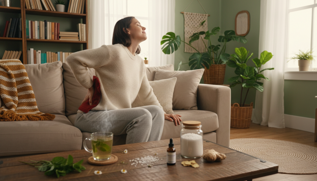 A cozy home setting featuring a person in modest casual clothing, sitting comfortably on a sofa while gently applying a warm compress to their lower back to alleviate sciatic pain. In the foreground, there are natural remedies like peppermint tea, a jar of Epsom salt, and a small bottle of essential oil on a wooden coffee table, symbolizing home remedies. In the middle, a well-lit room with soft, natural light streaming through a window, revealing houseplants and calming décor. In the background, shelves filled with books and a warm blanket draped over the sofa, enhancing the relaxed atmosphere. The scene conveys a sense of comfort, healing, and holistic wellness, perfect for illustrating self-help tips for managing sciatica. A cozy home setting featuring a person in modest casual clothing, sitting comfortably on a sofa while gently applying a warm compress to their lower back to alleviate sciatic pain. In the foreground, there are natural remedies like peppermint tea, a jar of Epsom salt, and a small bottle of essential oil on a wooden coffee table, symbolizing home remedies. In the middle, a well-lit room with soft, natural light streaming through a window, revealing houseplants and calming décor. In the background, shelves filled with books and a warm blanket draped over the sofa, enhancing the relaxed atmosphere. The scene conveys a sense of comfort, healing, and holistic wellness, perfect for illustrating self-help tips for managing sciatica.