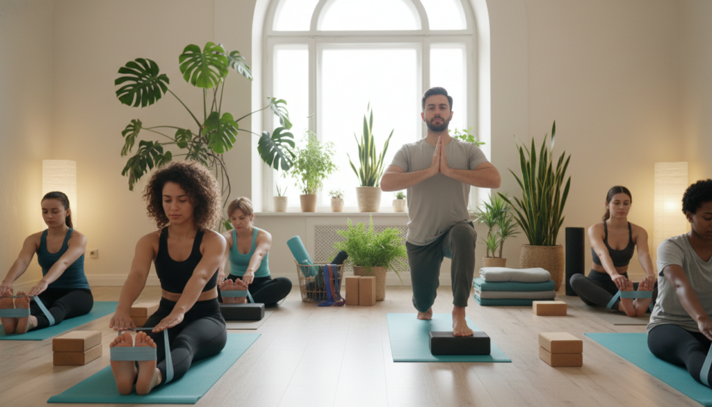 A cozy indoor setting dedicated to physical wellness, focusing on ischial exercises for pain relief. In the foreground, a diverse group of individuals, dressed in comfortable athletic wear, are demonstrating various stretching exercises for the sciatic nerve. One person is seated on a yoga mat, reaching forward to stretch their hamstrings, while another stands beside them, performing a gentle lunge. The middle ground features fitness props like yoga blocks and exercise bands, enhancing the scene's utility. The background captures a serene atmosphere with soft natural light filtering through a large window, illuminating a plant-filled room. The mood is encouraging and supportive, promoting a sense of community and wellness for those seeking relief from discomfort. A cozy indoor setting dedicated to physical wellness, focusing on ischial exercises for pain relief. In the foreground, a diverse group of individuals, dressed in comfortable athletic wear, are demonstrating various stretching exercises for the sciatic nerve. One person is seated on a yoga mat, reaching forward to stretch their hamstrings, while another stands beside them, performing a gentle lunge. The middle ground features fitness props like yoga blocks and exercise bands, enhancing the scene's utility. The background captures a serene atmosphere with soft natural light filtering through a large window, illuminating a plant-filled room. The mood is encouraging and supportive, promoting a sense of community and wellness for those seeking relief from discomfort.