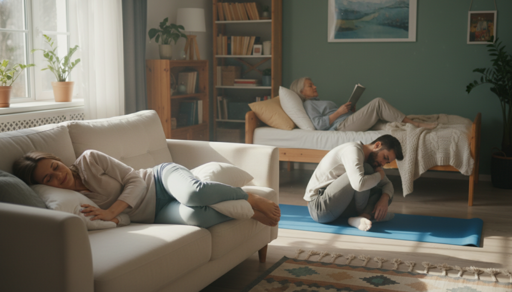 A cozy, realistic living room scene showcasing various sleeping positions that alleviate sciatic pain, featuring three individuals in modest casual clothing. In the foreground, a woman is comfortably lying on her side on a soft sofa, using a pillow between her knees. In the middle ground, a man is positioned on a yoga mat in a gentle fetal position, looking relaxed. In the background, an elderly person is reclining on a bed with supportive cushions arranged strategically for comfort. Soft, natural daylight filters through a nearby window, casting gentle shadows that enhance the room's warmth. The atmosphere is calm and inviting, emphasizing relaxation and relief from discomfort. The scene should evoke a sense of tranquility in everyday life, avoiding any overly polished or artificial elements. A cozy, realistic living room scene showcasing various sleeping positions that alleviate sciatic pain, featuring three individuals in modest casual clothing. In the foreground, a woman is comfortably lying on her side on a soft sofa, using a pillow between her knees. In the middle ground, a man is positioned on a yoga mat in a gentle fetal position, looking relaxed. In the background, an elderly person is reclining on a bed with supportive cushions arranged strategically for comfort. Soft, natural daylight filters through a nearby window, casting gentle shadows that enhance the room's warmth. The atmosphere is calm and inviting, emphasizing relaxation and relief from discomfort. The scene should evoke a sense of tranquility in everyday life, avoiding any overly polished or artificial elements.