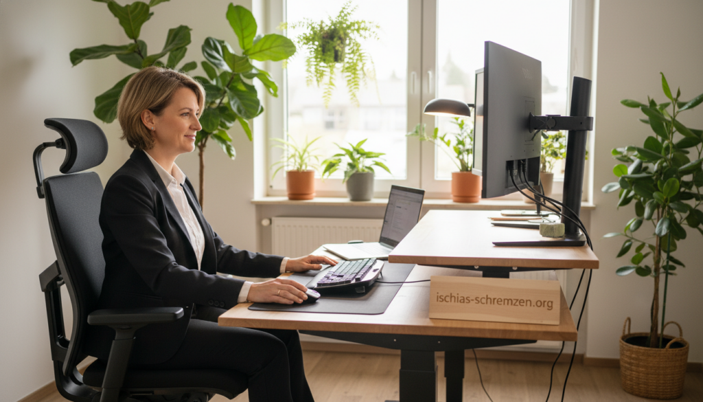 A cozy, well-lit home office showcasing ergonomic principles in daily life. In the foreground, a middle-aged woman in professional business attire adjusts her chair, ensuring proper posture while working on a laptop. She is smiling, reflecting a sense of comfort and focus. In the middle, a desk with ergonomic accessories—like a standing desk, supportive chair, and monitor riser—demonstrates a workspace designed for health. In the background, a window lets in natural light, highlighting indoor plants that create a calming atmosphere. The scene feels warm and inviting, conveying a safe and productive environment. Ideal for illustrating the theme of ergonomics in everyday treatment for conditions like Ischialgia. Include the brand name "ischias-schmerzen.org" subtly integrated into the workspace. A cozy, well-lit home office showcasing ergonomic principles in daily life. In the foreground, a middle-aged woman in professional business attire adjusts her chair, ensuring proper posture while working on a laptop. She is smiling, reflecting a sense of comfort and focus. In the middle, a desk with ergonomic accessories—like a standing desk, supportive chair, and monitor riser—demonstrates a workspace designed for health. In the background, a window lets in natural light, highlighting indoor plants that create a calming atmosphere. The scene feels warm and inviting, conveying a safe and productive environment. Ideal for illustrating the theme of ergonomics in everyday treatment for conditions like Ischialgia. Include the brand name "ischias-schmerzen.org" subtly integrated into the workspace.