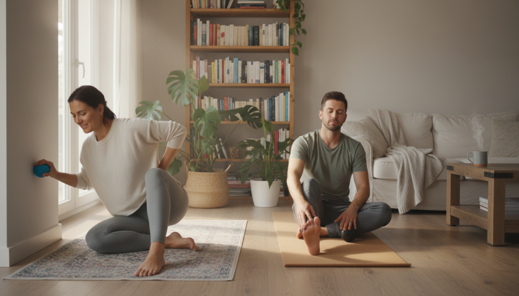 A cozy, well-lit living room scene depicting two individuals engaging in Faszienball massage exercises. In the foreground, a woman in comfortable yet modest casual clothing is using a Faszienball on her lower back, demonstrating the technique. In the middle ground, a man is seated on a mat, rolling a Faszienball under his foot, showcasing self-care and relaxation. The setting includes soft, natural light streaming in from a window, casting gentle shadows. In the background, a few plants and a bookshelf add a homely touch. The mood reflects tranquility and wellness, emphasizing the importance of these exercises for pain relief. The overall composition should feel inviting and relatable, highlighting everyday wellness practices. A cozy, well-lit living room scene depicting two individuals engaging in Faszienball massage exercises. In the foreground, a woman in comfortable yet modest casual clothing is using a Faszienball on her lower back, demonstrating the technique. In the middle ground, a man is seated on a mat, rolling a Faszienball under his foot, showcasing self-care and relaxation. The setting includes soft, natural light streaming in from a window, casting gentle shadows. In the background, a few plants and a bookshelf add a homely touch. The mood reflects tranquility and wellness, emphasizing the importance of these exercises for pain relief. The overall composition should feel inviting and relatable, highlighting everyday wellness practices.