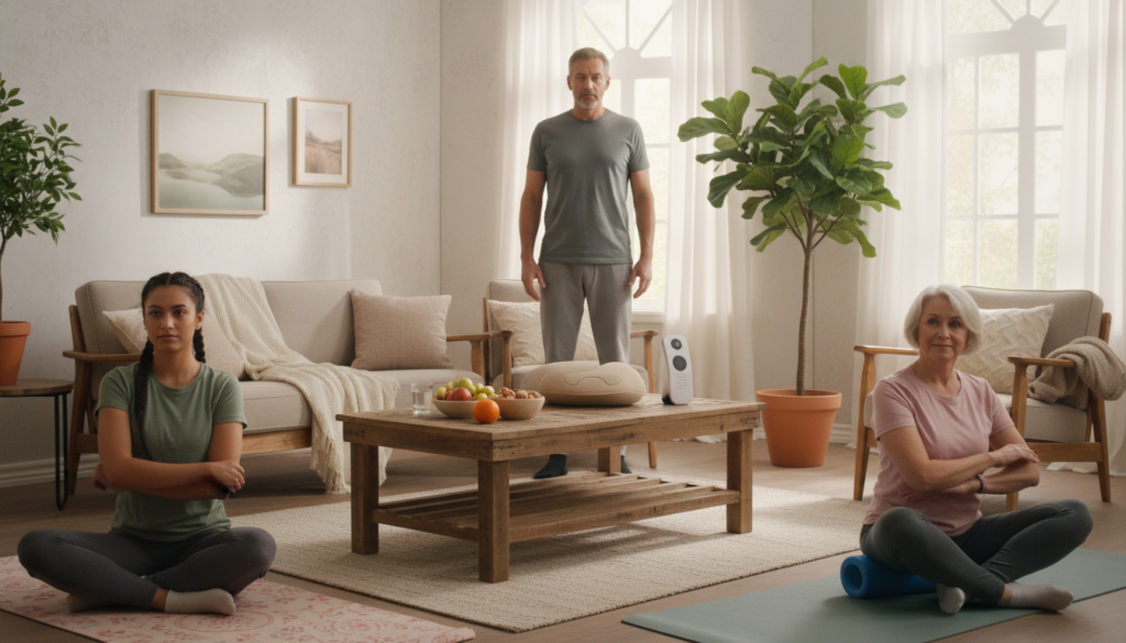 A cozy, well-lit living room showcasing everyday tips for back health. In the foreground, a diverse group of three individuals in modest casual clothing are engaged in light stretching exercises. One person is sitting on a yoga mat, demonstrating a gentle twist, while another is standing next to a chair, illustrating proper posture. The third individual is using a foam roller against a wall, emphasizing self-care and prevention. In the middle ground, a coffee table holds healthy snacks and ergonomic tools like a lumbar support cushion and a posture corrector. The background features a window with natural light streaming in, illuminating a potted plant for a fresh atmosphere. The overall mood is relaxed yet informative, encouraging healthy habits in everyday settings. A cozy, well-lit living room showcasing everyday tips for back health. In the foreground, a diverse group of three individuals in modest casual clothing are engaged in light stretching exercises. One person is sitting on a yoga mat, demonstrating a gentle twist, while another is standing next to a chair, illustrating proper posture. The third individual is using a foam roller against a wall, emphasizing self-care and prevention. In the middle ground, a coffee table holds healthy snacks and ergonomic tools like a lumbar support cushion and a posture corrector. The background features a window with natural light streaming in, illuminating a potted plant for a fresh atmosphere. The overall mood is relaxed yet informative, encouraging healthy habits in everyday settings.