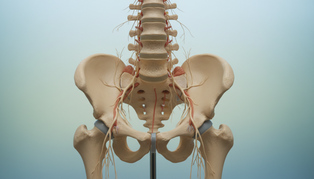 A detailed anatomical illustration of the pelvis and spine, focusing on the lower back region, showcasing the intricate relationships of nerves, muscles, and bones. In the foreground, a realistic anatomical model of the pelvis facing forward, with highlighted nerves to emphasize the sciatic nerve path. In the middle ground, the lumbar region of the spine displayed in a side view, demonstrating its curvature and alignment. The background features a soft gradient, suggesting a clinical setting with natural light casting gentle shadows. The atmosphere is educational and engaging, inviting viewers to understand the anatomy. The scene includes no text or over-saturation, maintaining a realistic and professional appearance tailored for informative content. A detailed anatomical illustration of the pelvis and spine, focusing on the lower back region, showcasing the intricate relationships of nerves, muscles, and bones. In the foreground, a realistic anatomical model of the pelvis facing forward, with highlighted nerves to emphasize the sciatic nerve path. In the middle ground, the lumbar region of the spine displayed in a side view, demonstrating its curvature and alignment. The background features a soft gradient, suggesting a clinical setting with natural light casting gentle shadows. The atmosphere is educational and engaging, inviting viewers to understand the anatomy. The scene includes no text or over-saturation, maintaining a realistic and professional appearance tailored for informative content.